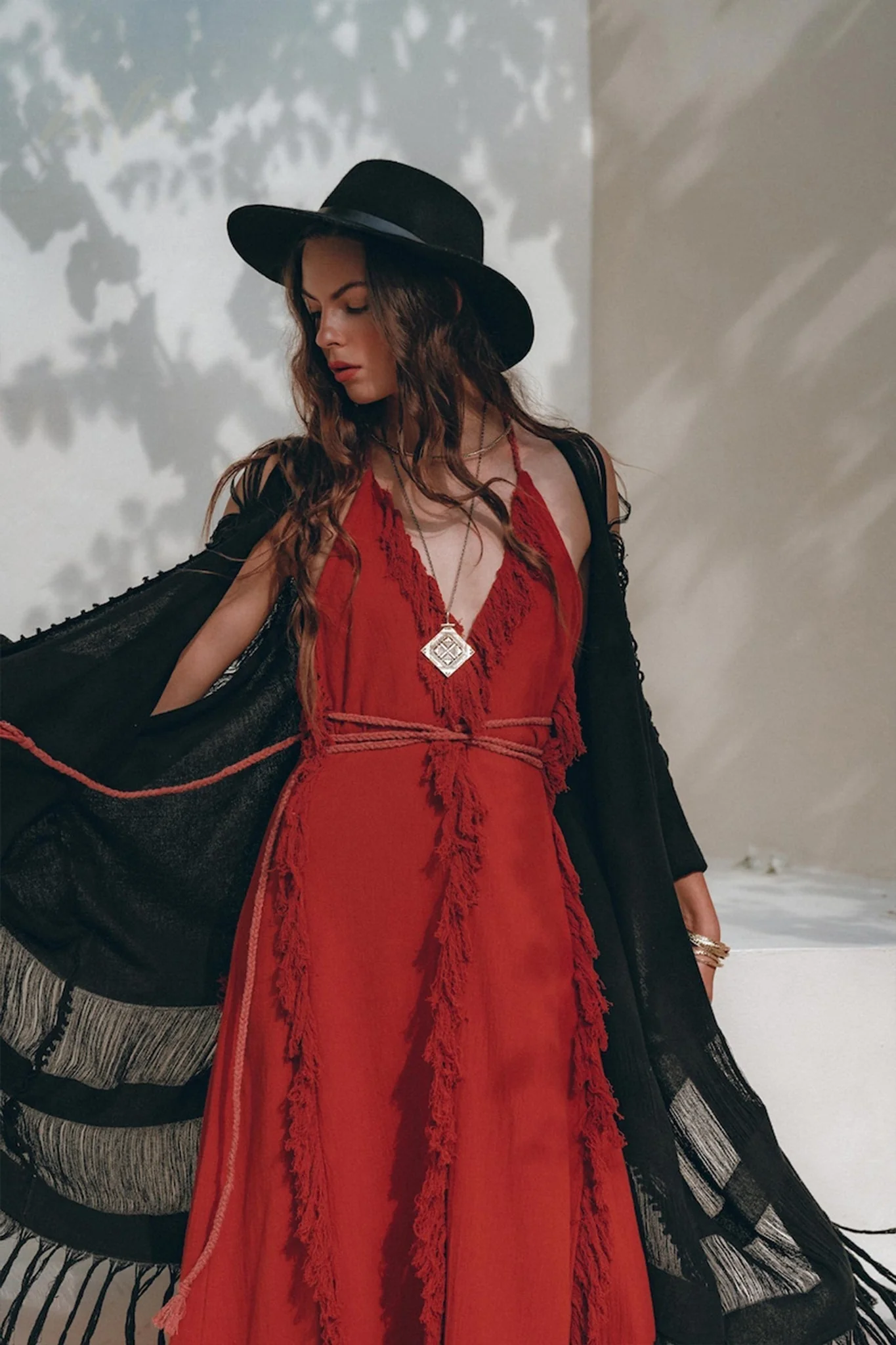 Divine Wine Red Raw Cotton Fringe Goddess Dress• Boho Bridesmaid Dress • Red Organic Goddess Dress - Image 9