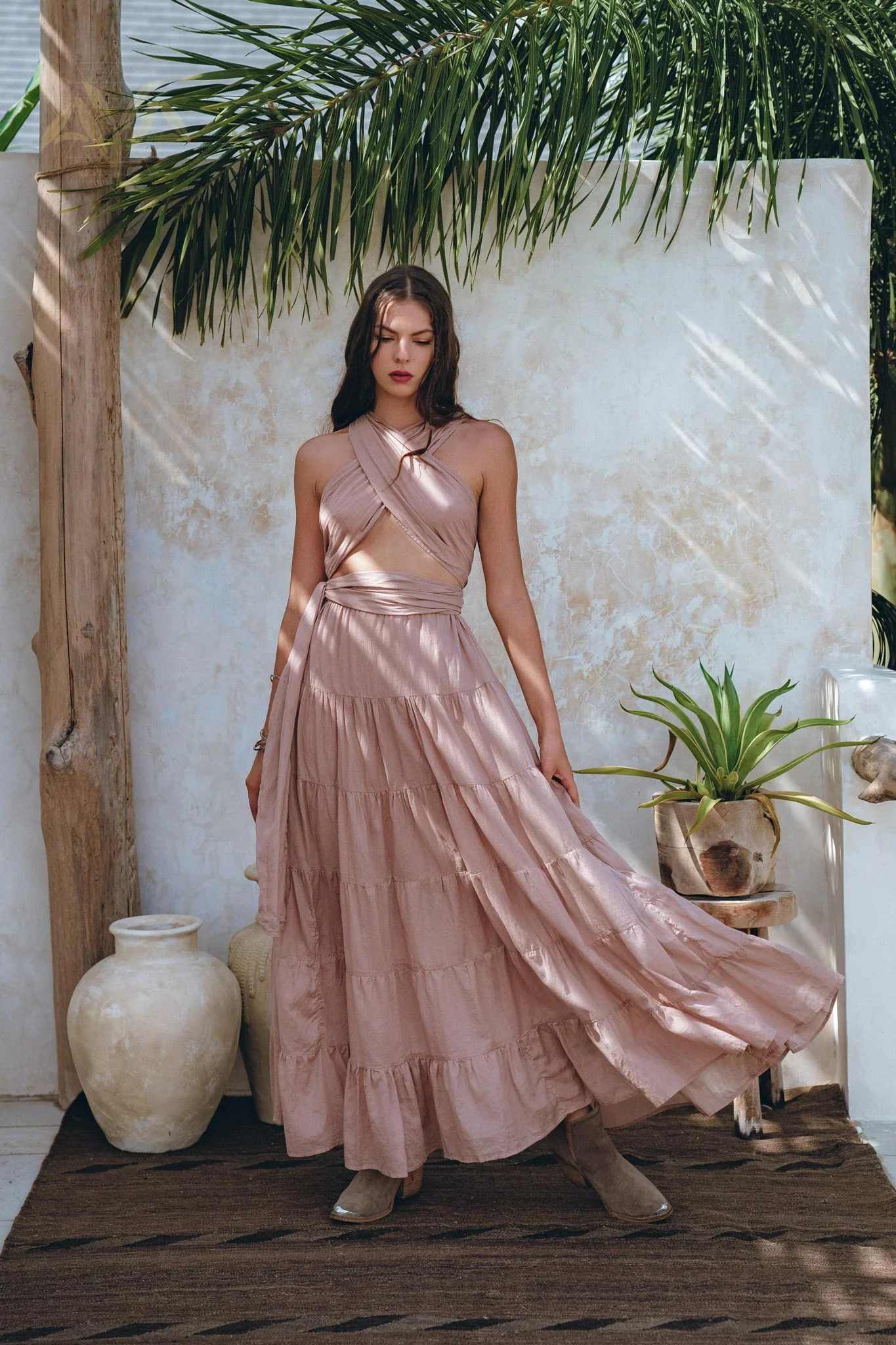 Dusty Pink Bohemian Adjustable Dress • Boho Evening Open Back Belly Dress - Image 3