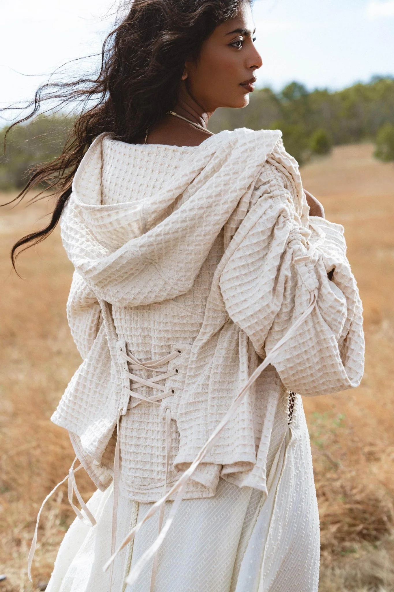 Elven Handwoven Cotton Jacket with Hood, Corset Lace Back, Boho Bali Ritual Coat - Image 3
