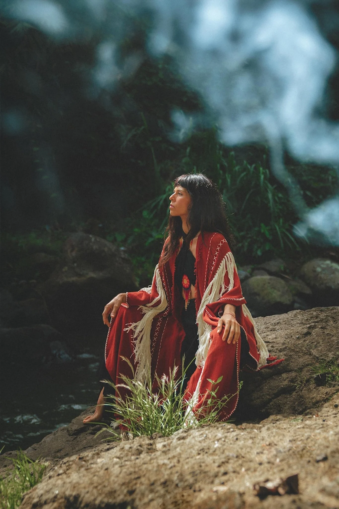 Unisex Handwoven Cotton Wine Red Poncho - Image 3