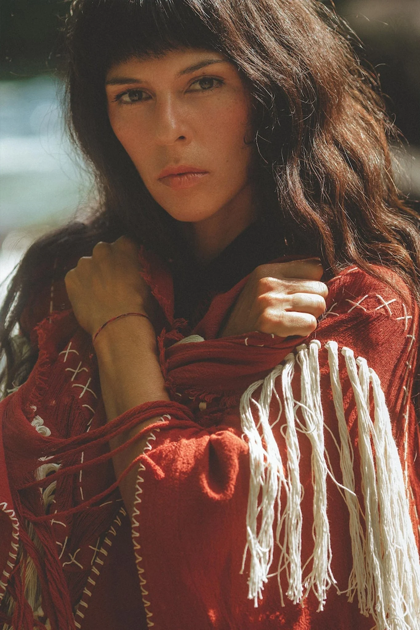 Unisex Handwoven Cotton Wine Red Poncho - Image 4