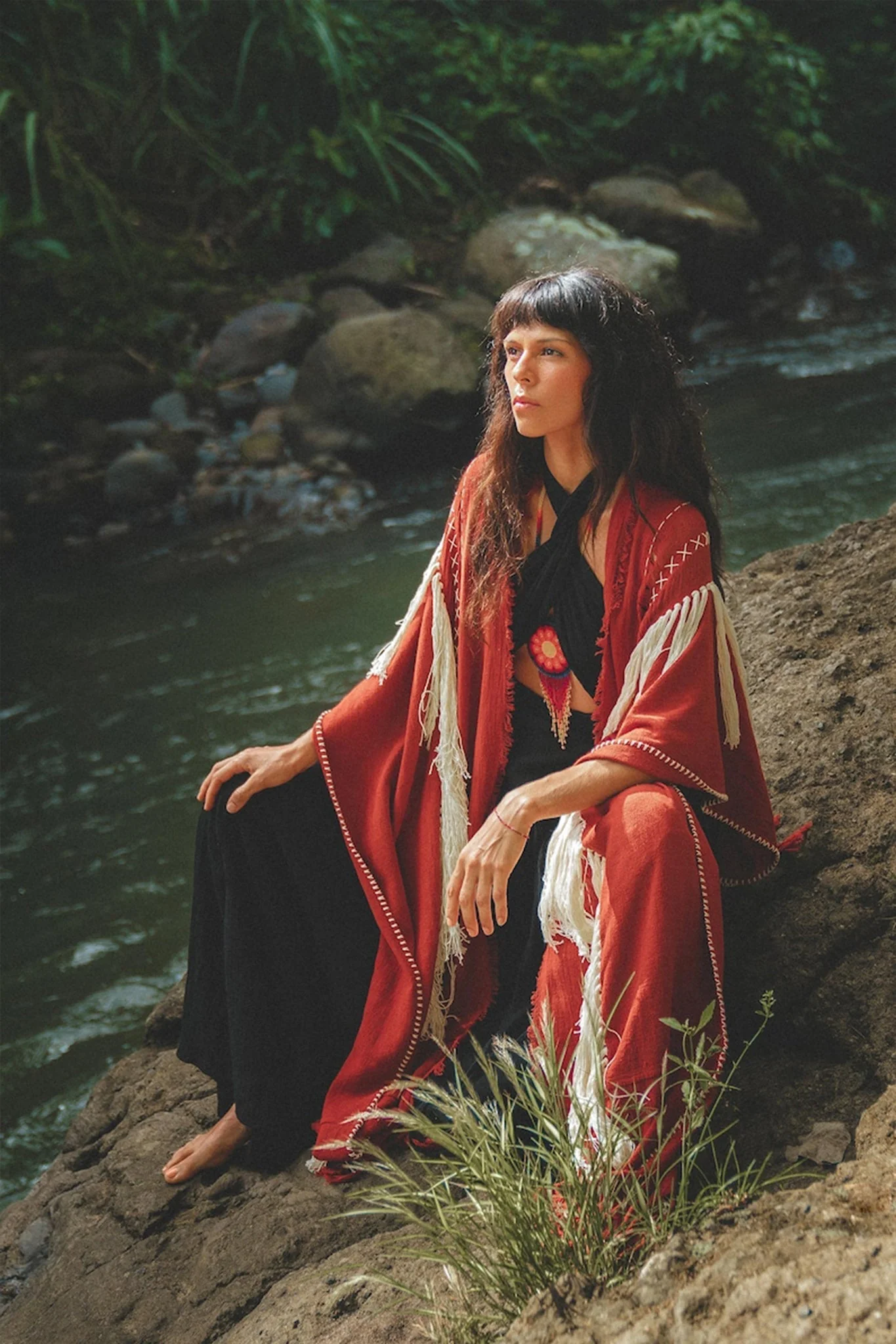 Unisex Handwoven Cotton Wine Red Poncho - Image 7