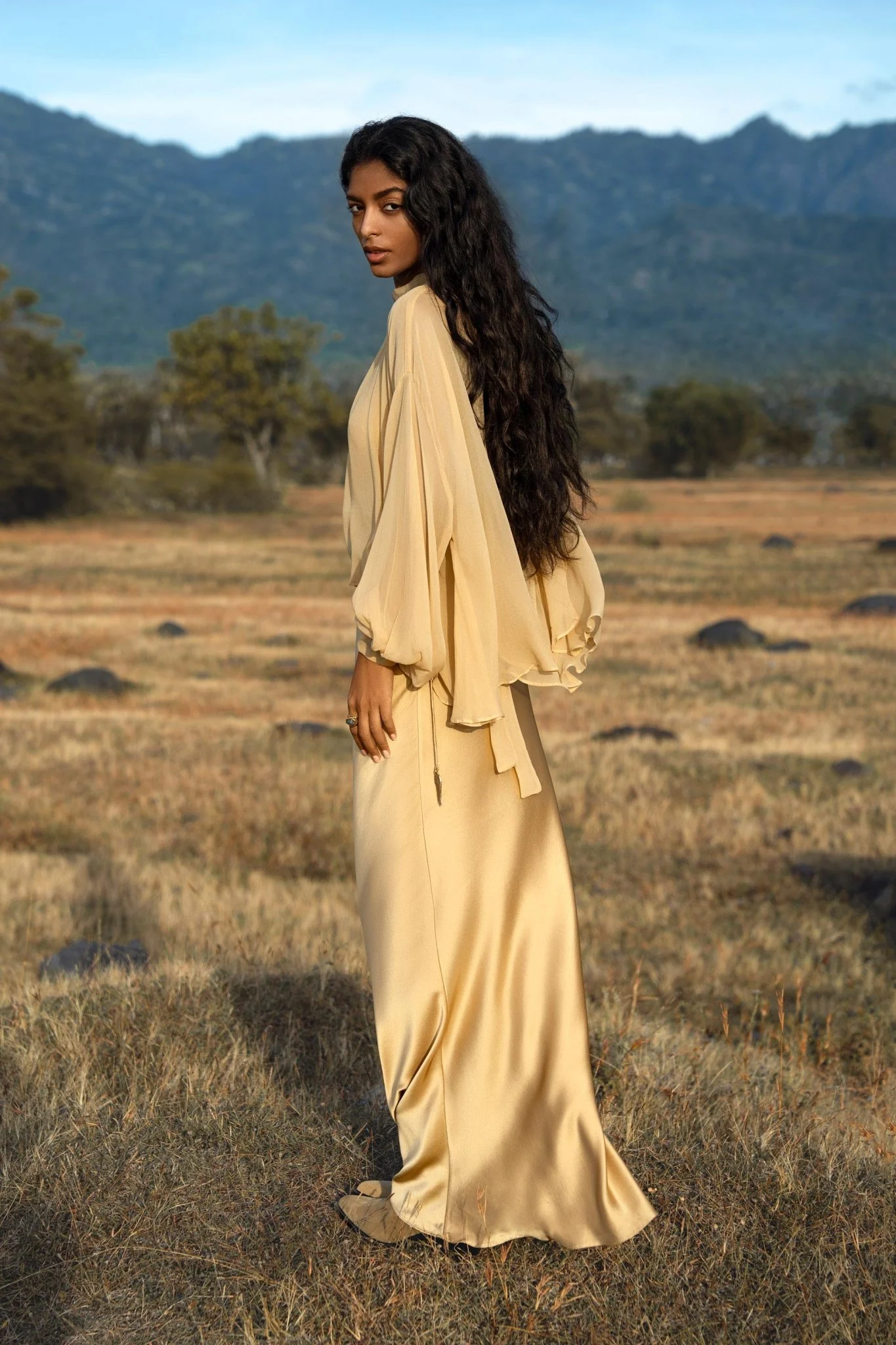 Maharani Blouse in Inka Gold Colour – Pure Silk Chiffon Boho Top - Image 3