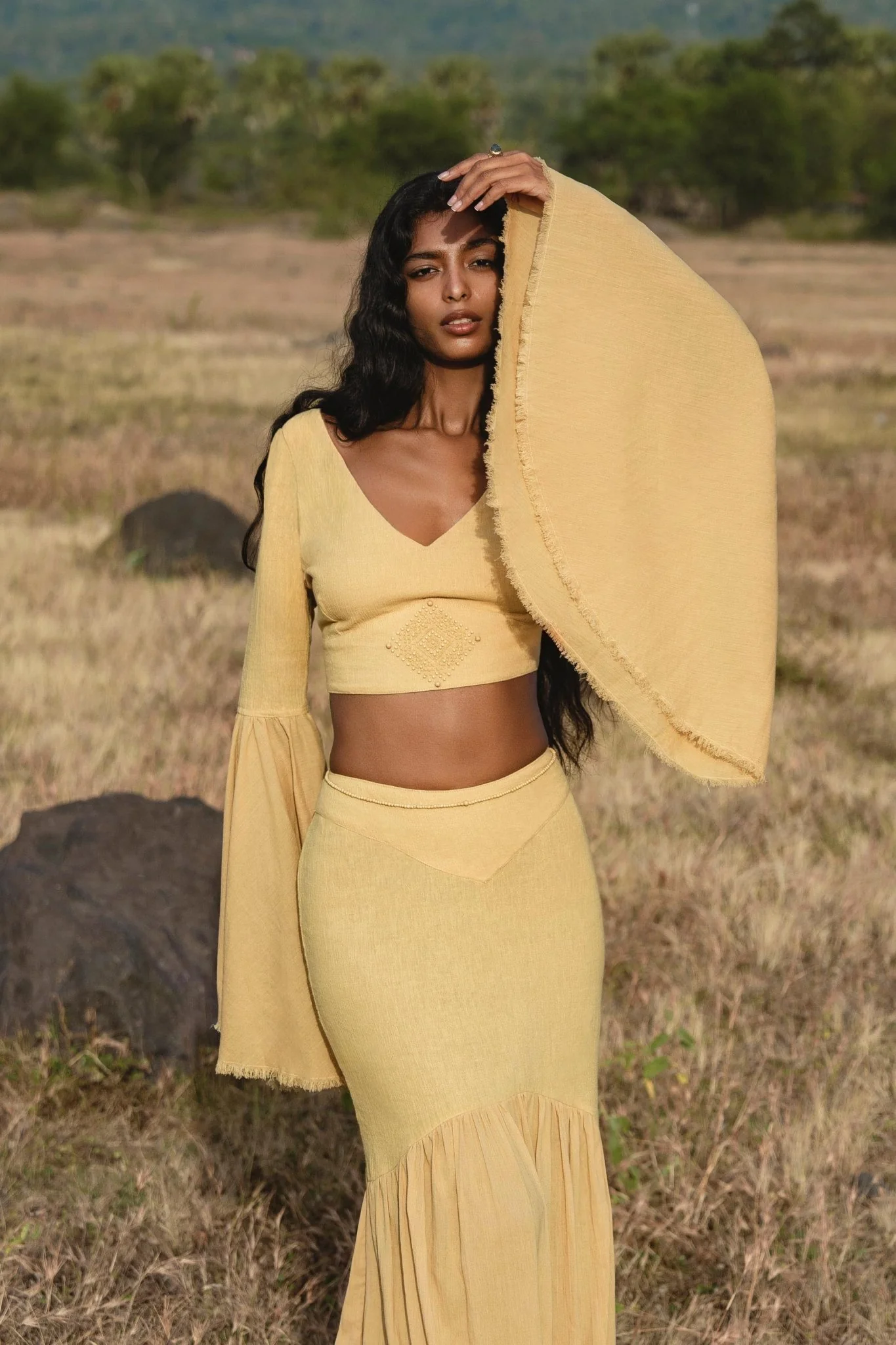 Indian Set in Yellow Gold · Cotton Two-Piece Outfit · Flowy Bell-Sleeve Top & Maxi Skirt