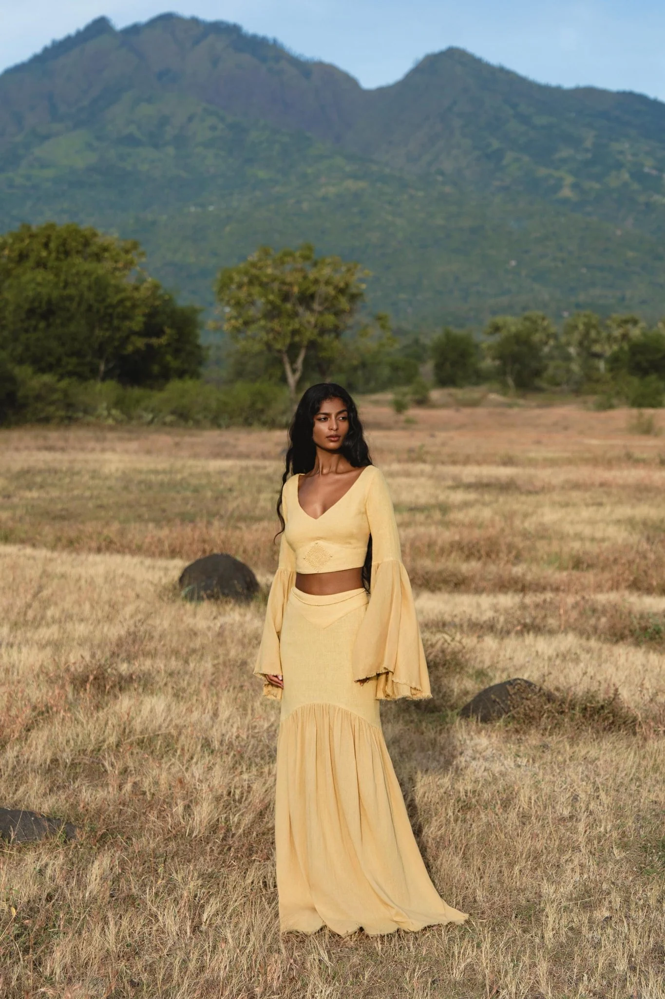 Indian Set in Yellow Gold · Cotton Two-Piece Outfit · Flowy Bell-Sleeve Top & Maxi Skirt - Image 2