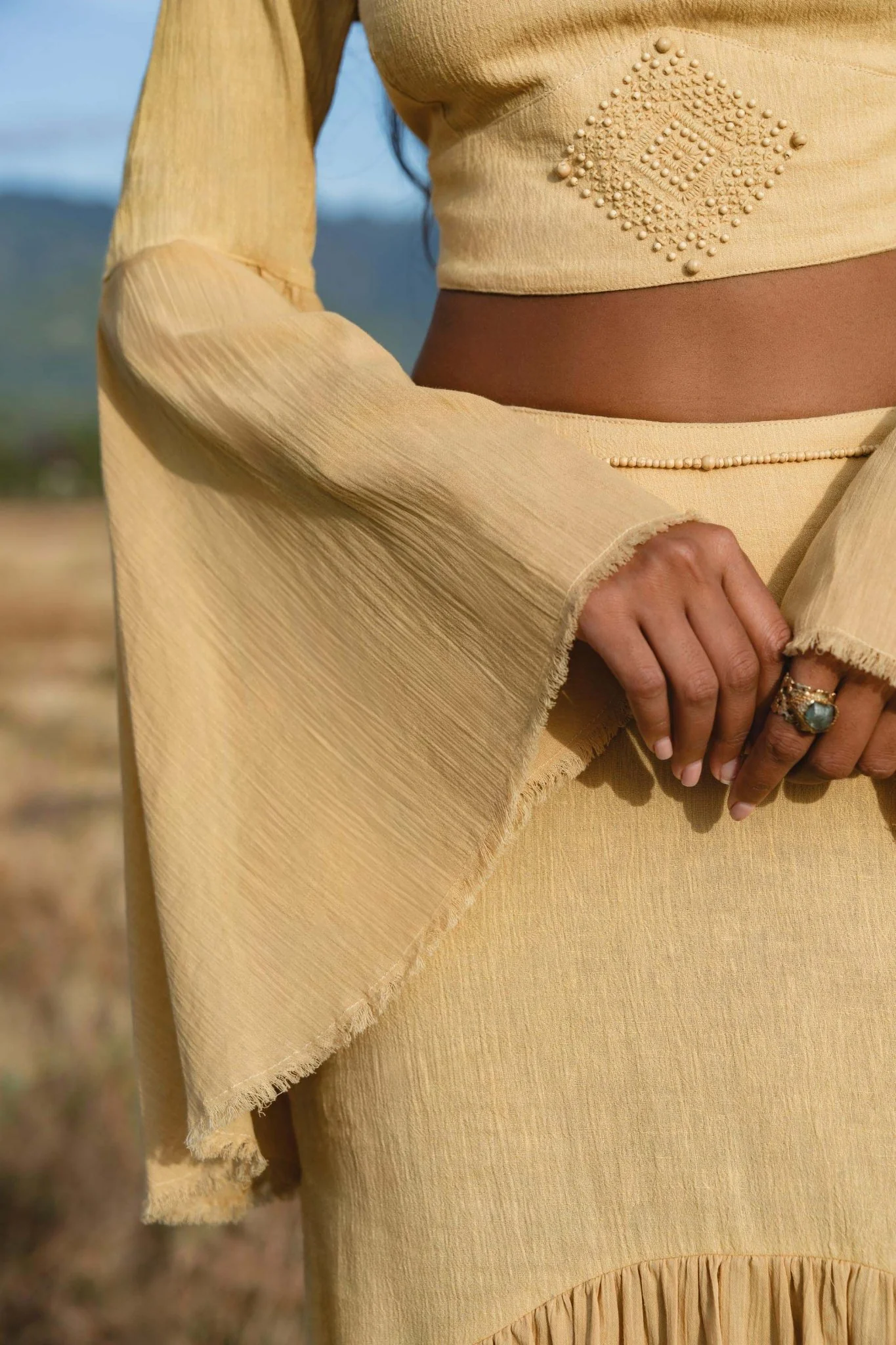 Indian Set in Yellow Gold · Cotton Two-Piece Outfit · Flowy Bell-Sleeve Top & Maxi Skirt - Image 4