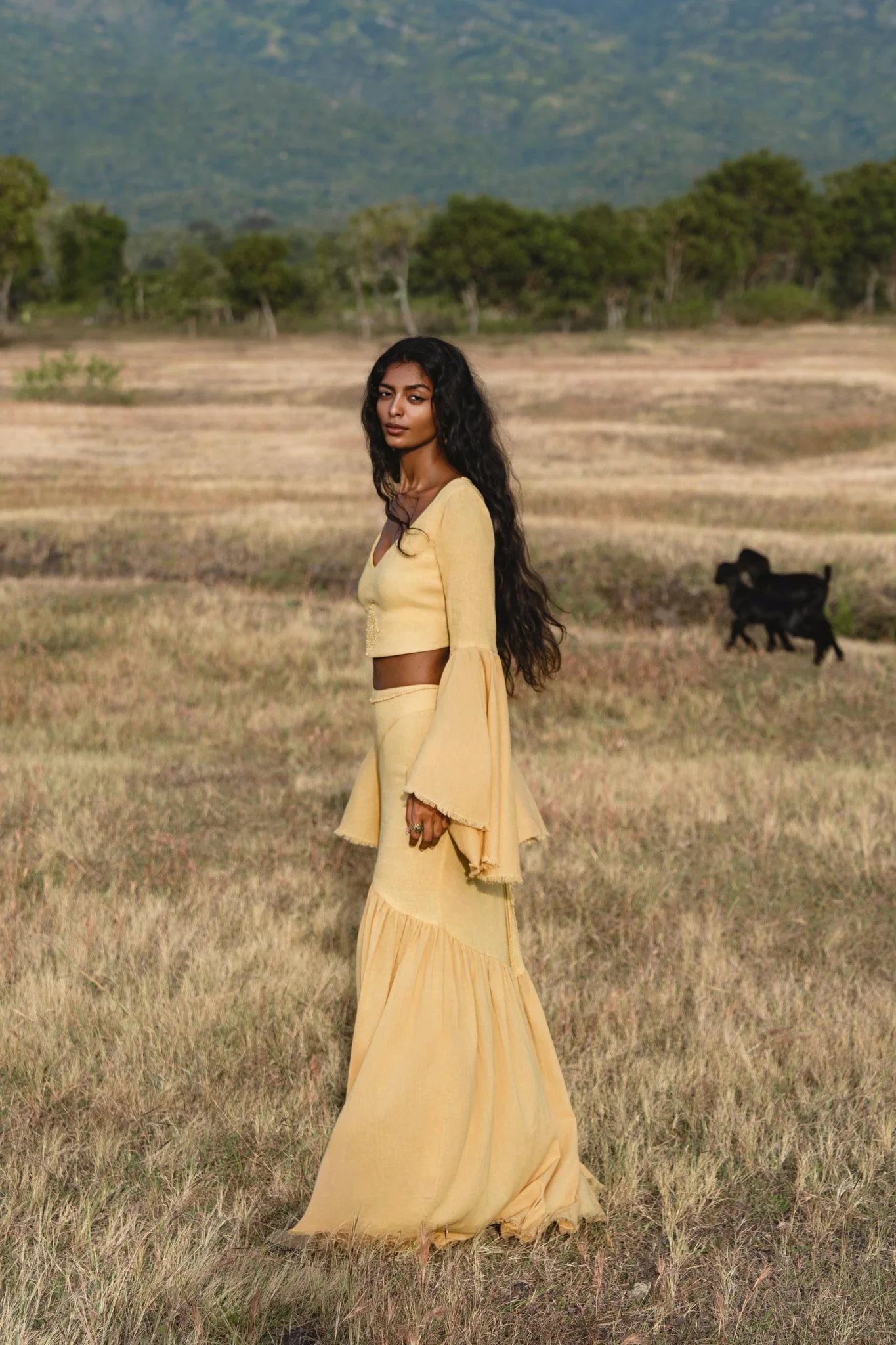 Indian Set in Yellow Gold · Cotton Two-Piece Outfit · Flowy Bell-Sleeve Top & Maxi Skirt - Image 5