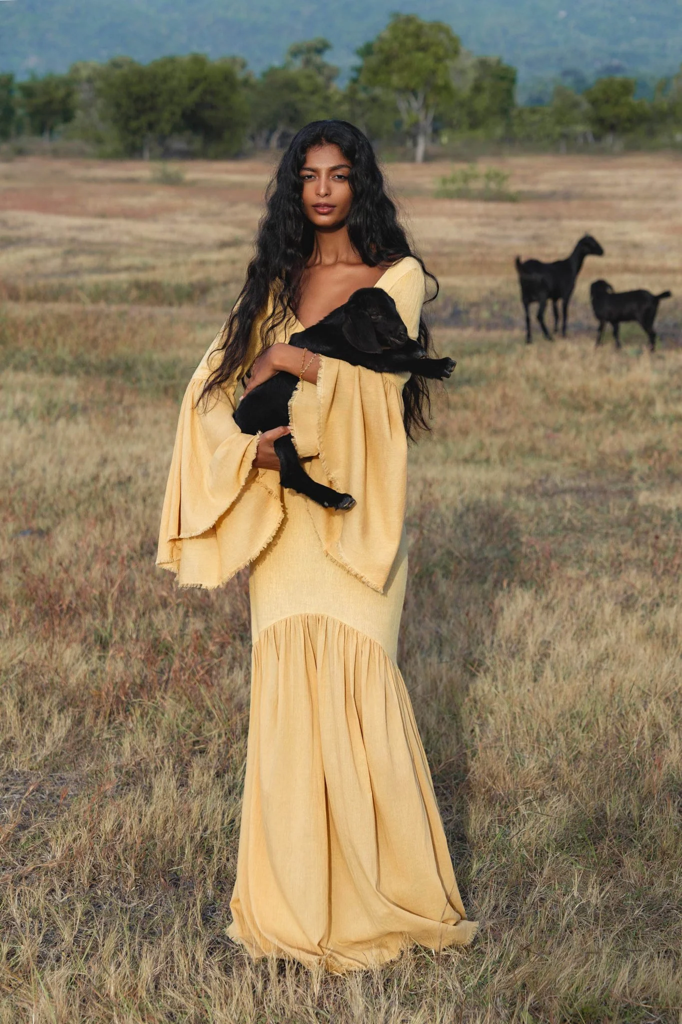 Indian Set in Yellow Gold · Cotton Two-Piece Outfit · Flowy Bell-Sleeve Top & Maxi Skirt - Image 6