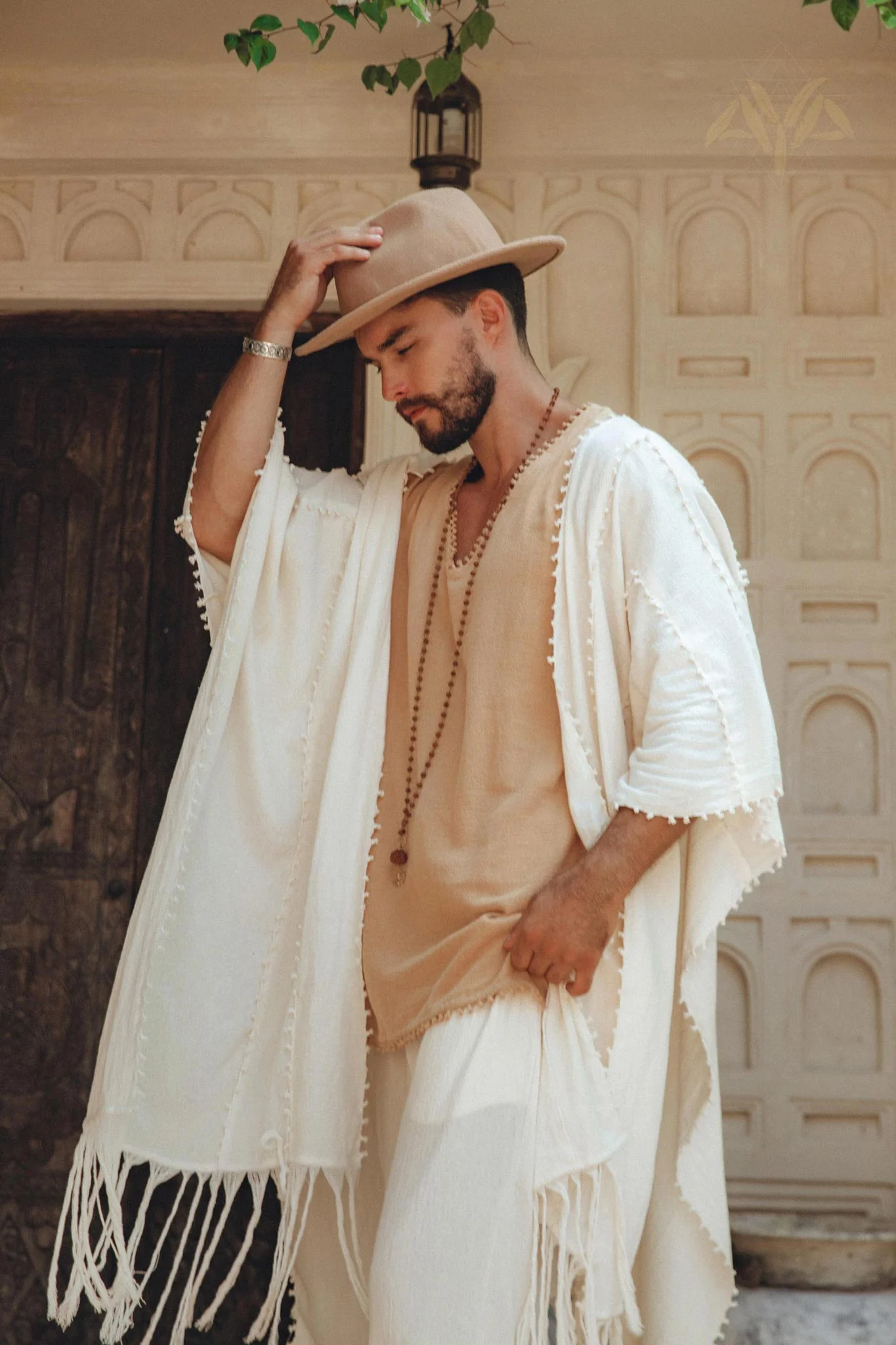 Light Beige Handmade Knots Decorated T-Shirt for Men - Image 4