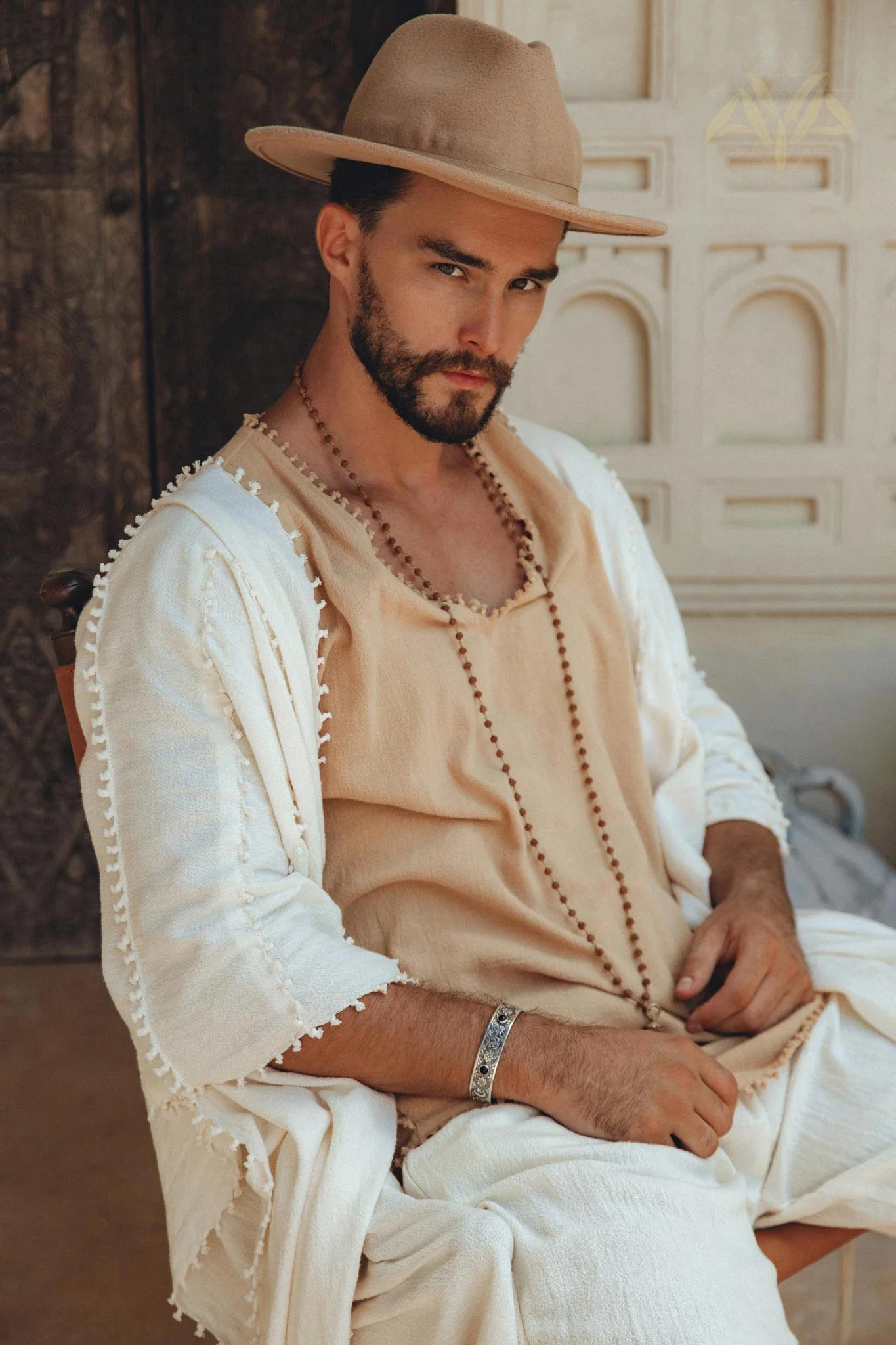 Light Beige Handmade Knots Decorated T-Shirt for Men - Image 5