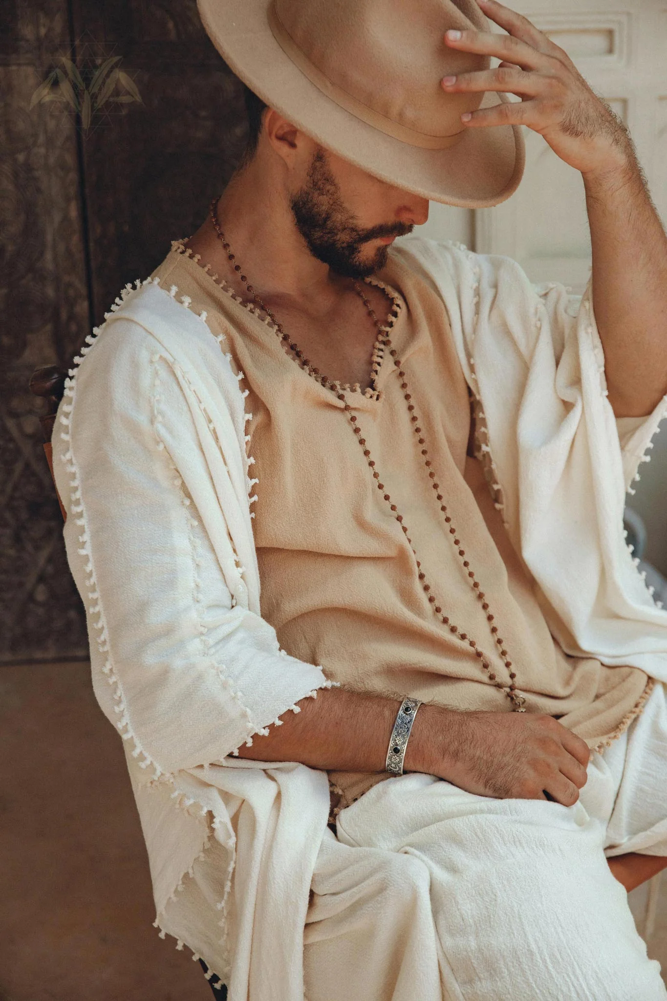 Light Beige Handmade Knots Decorated T-Shirt for Men - Image 6