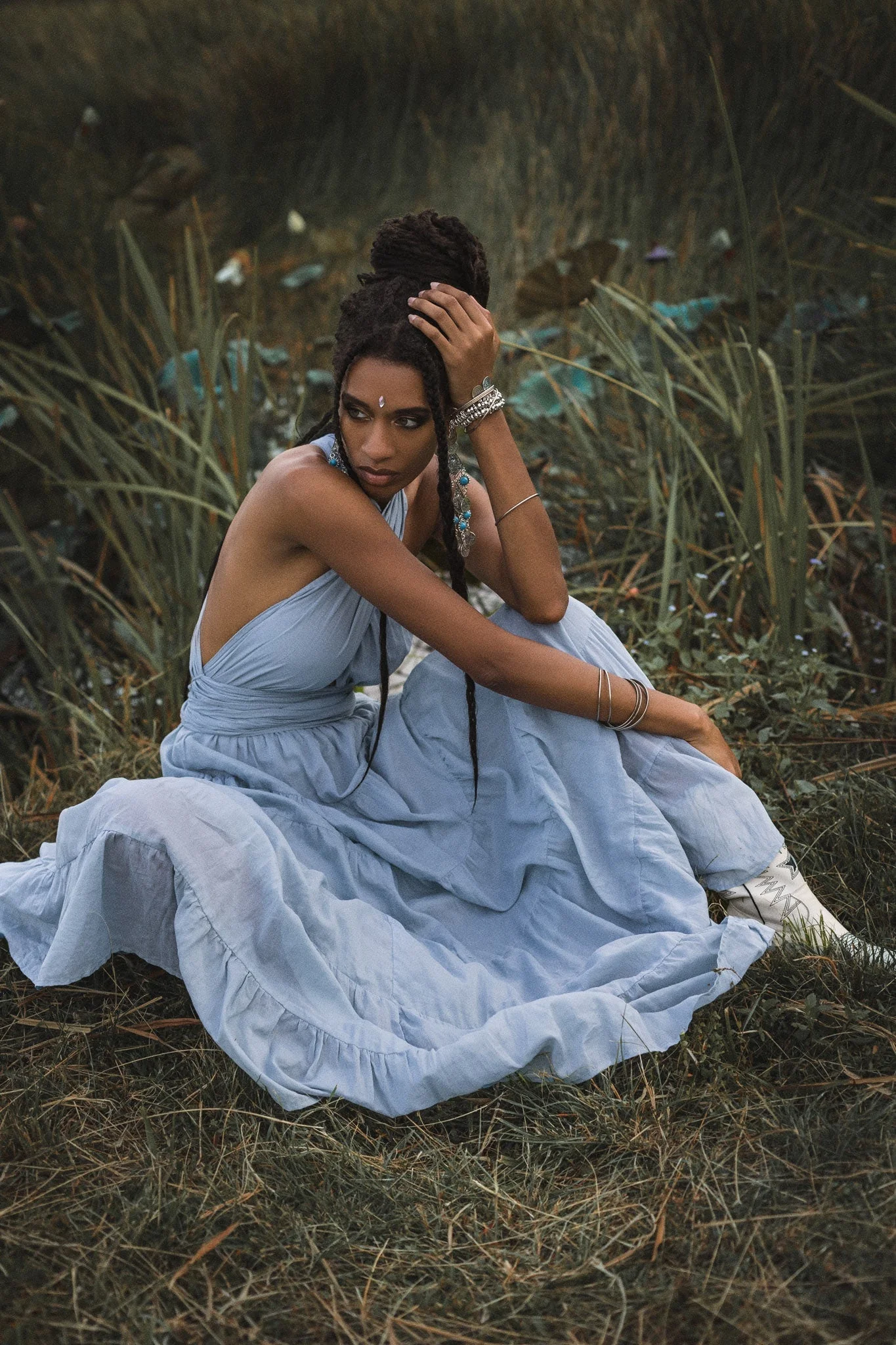 Light Blue Bohemian Adjustable Dress • Boho Evening Open Back Belly Dress - Image 10