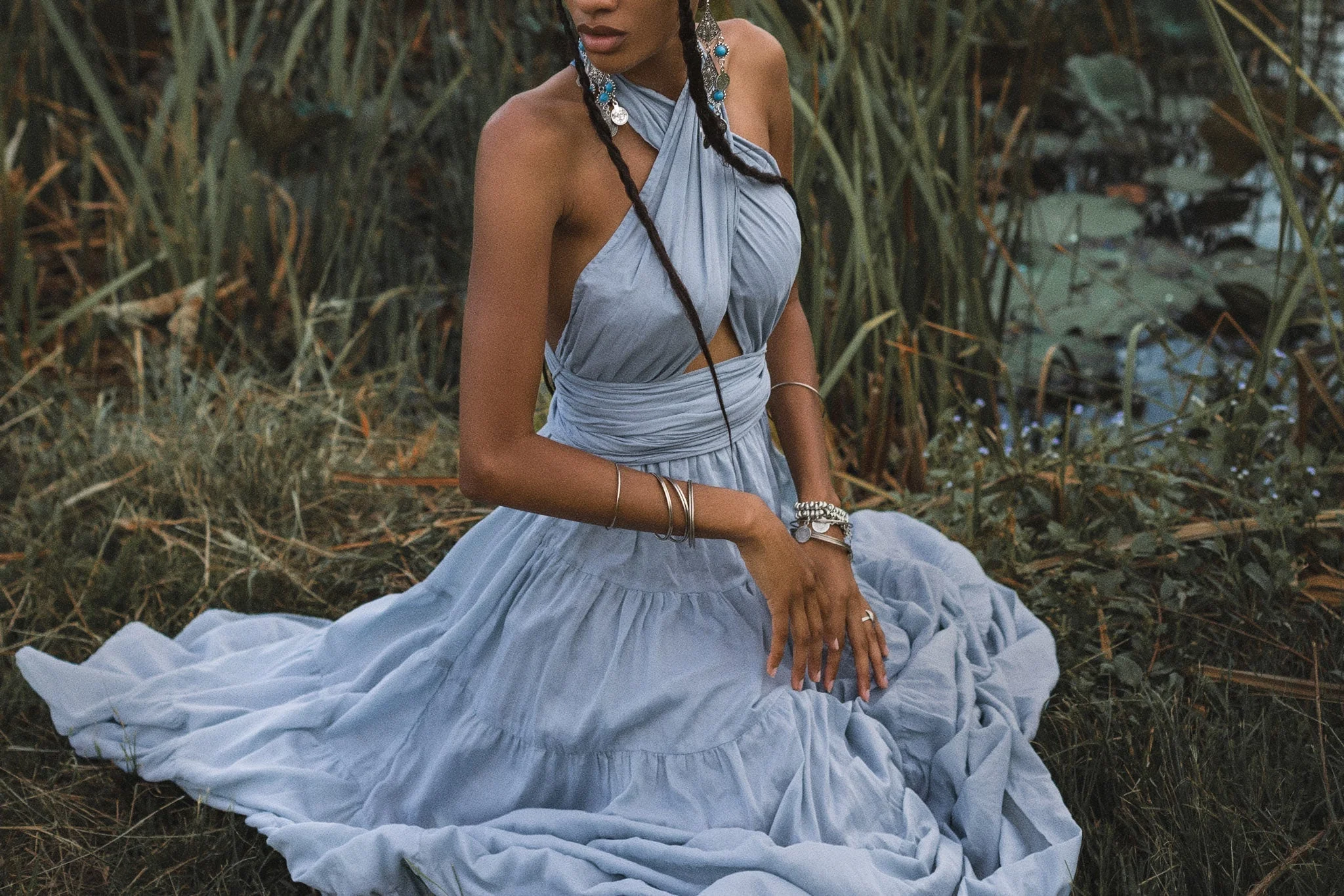 Light Blue Bohemian Adjustable Dress • Boho Evening Open Back Belly Dress - Image 3