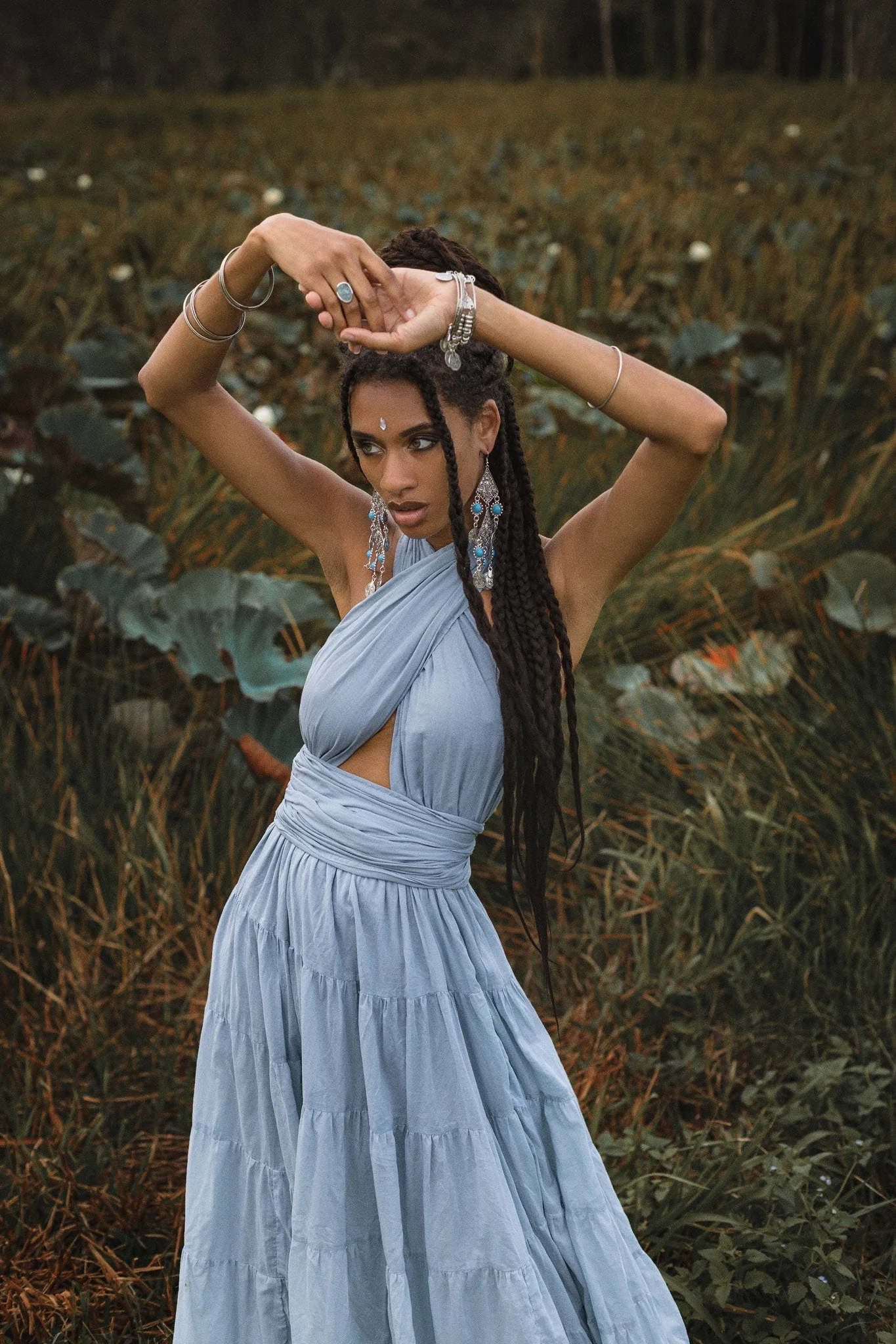 Light Blue Bohemian Adjustable Dress • Boho Evening Open Back Belly Dress - Image 6