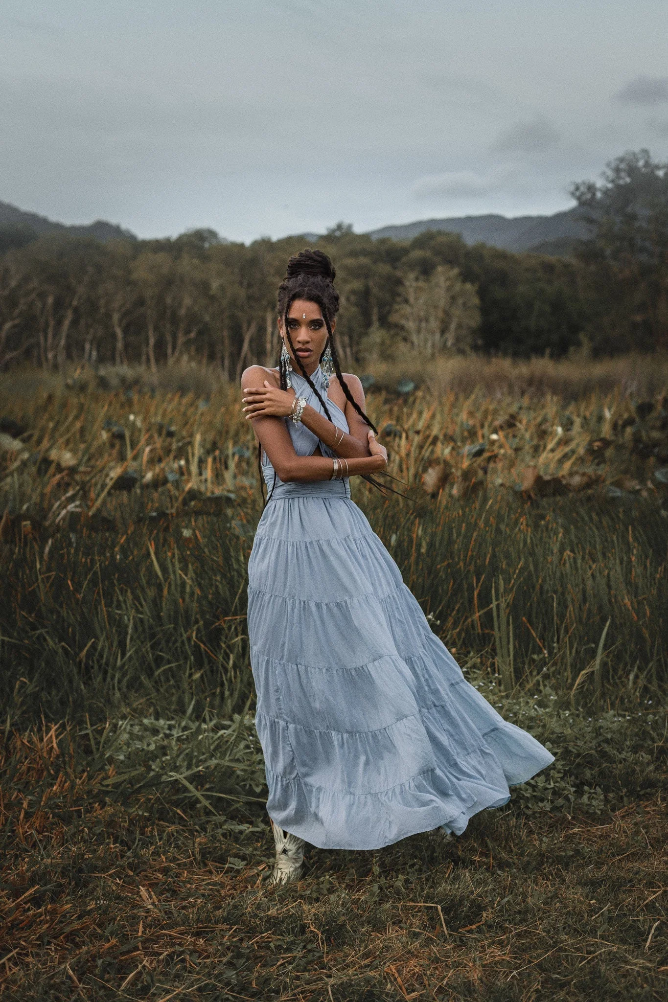 Light Blue Bohemian Adjustable Dress • Boho Evening Open Back Belly Dress - Image 7