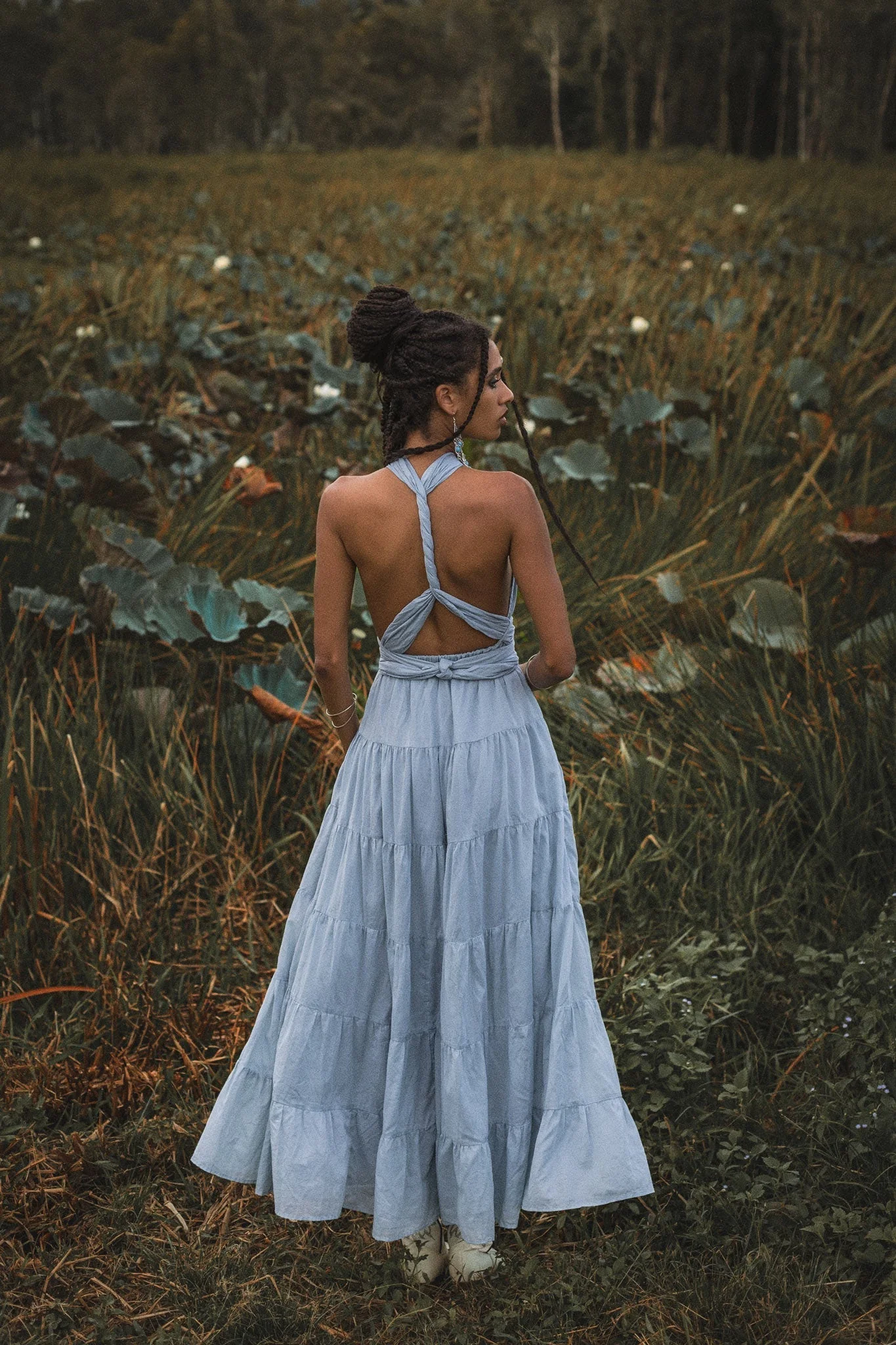 Light Blue Bohemian Adjustable Dress • Boho Evening Open Back Belly Dress - Image 8