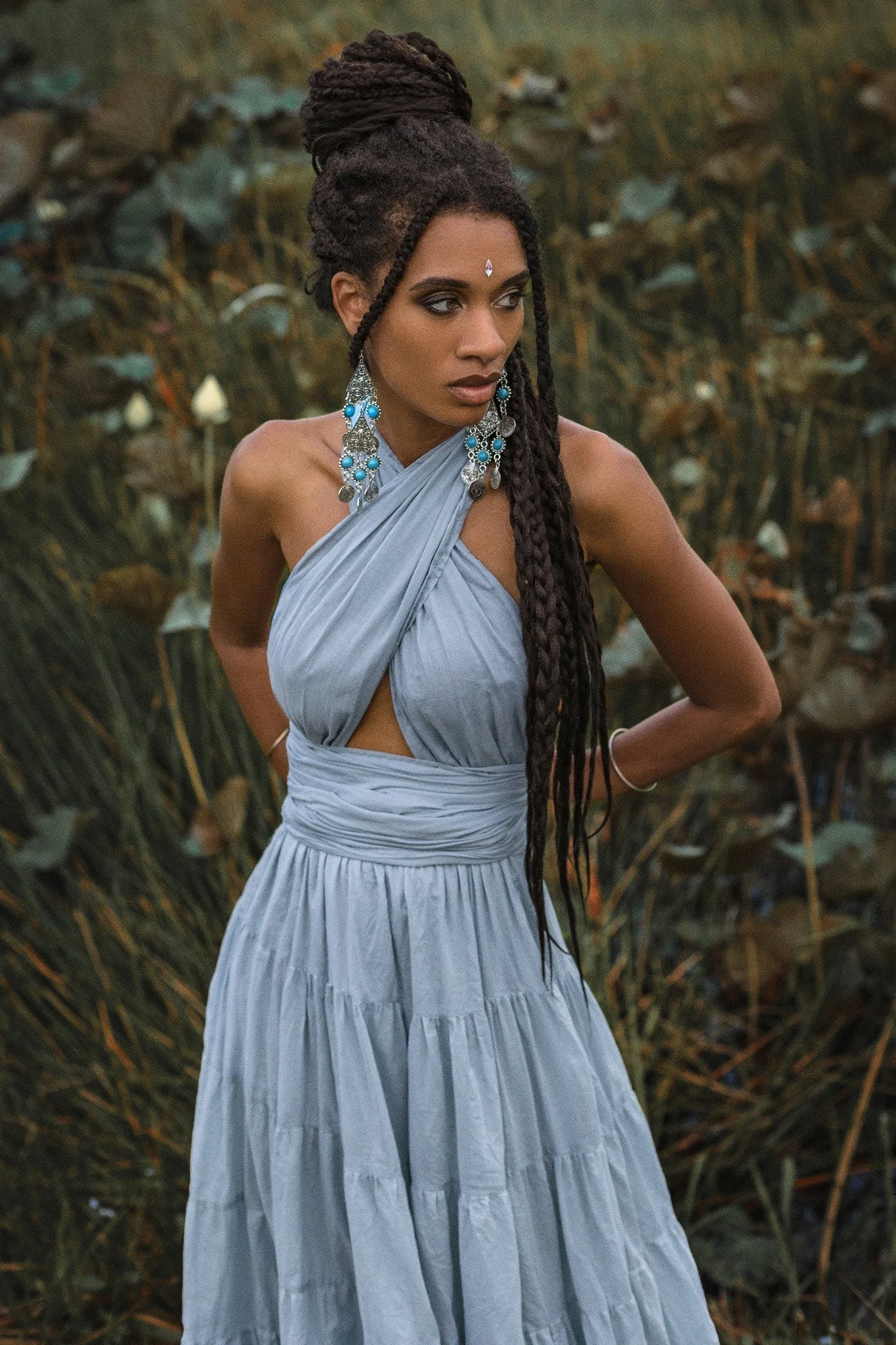 Light Blue Bohemian Adjustable Dress • Boho Evening Open Back Belly Dress - Image 9