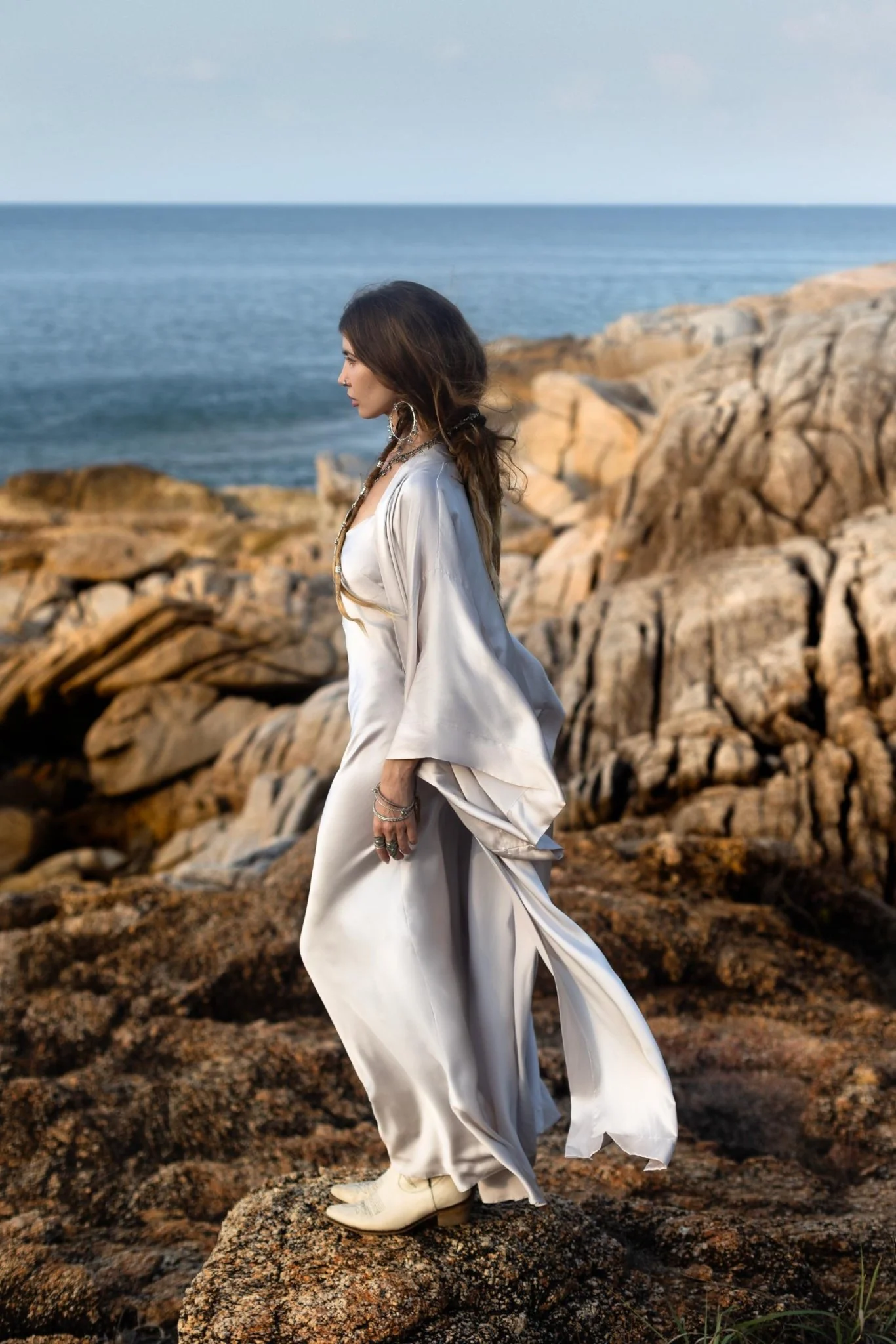 Mist Blue Ahimsa Peace Silk Long Robe Kimono, Floor-Length Maxi Boho Sustainable Fashion, Handmade Bali Ethical Wear