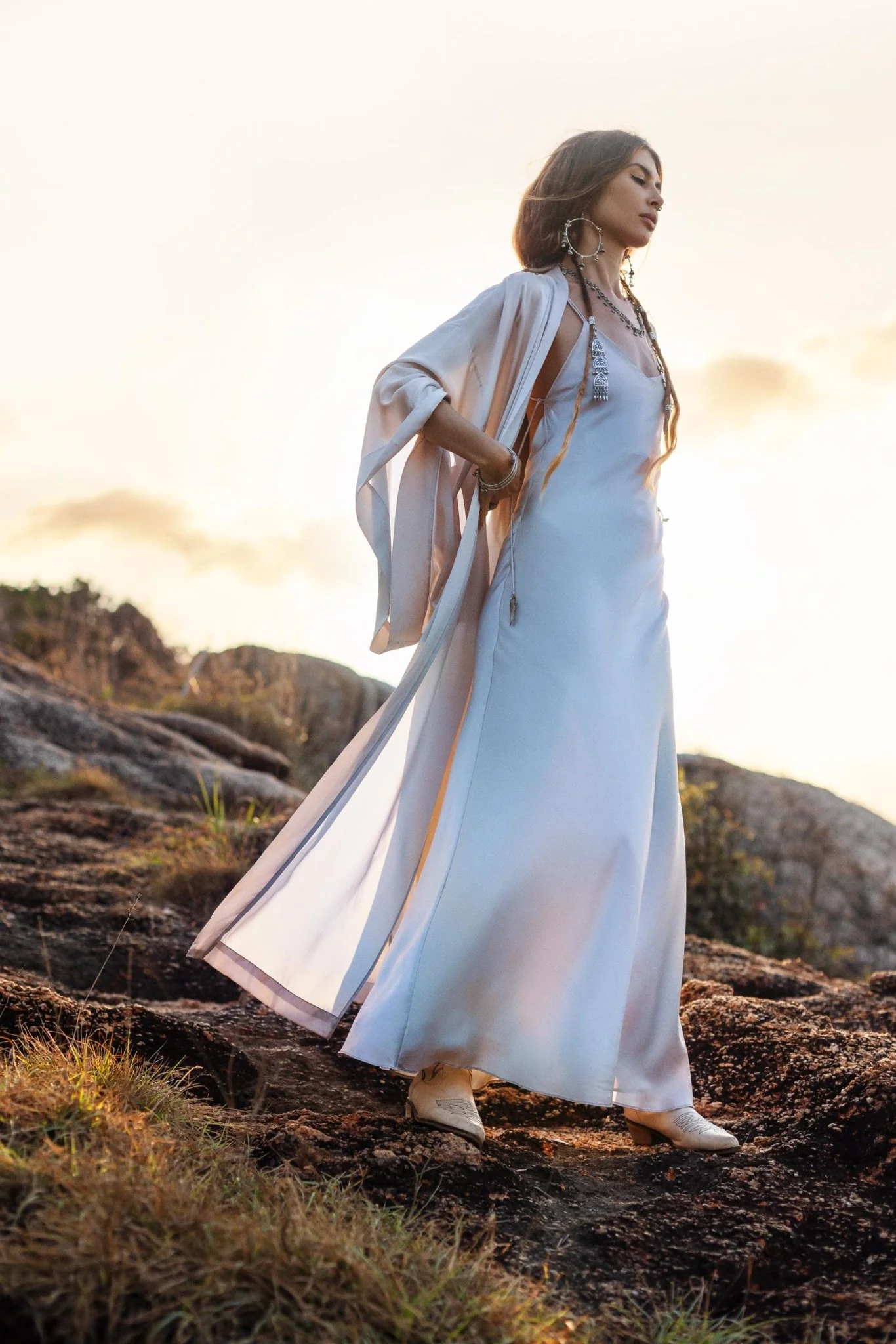 Mist Blue Ahimsa Peace Silk Long Robe Kimono, Floor-Length Maxi Boho Sustainable Fashion, Handmade Bali Ethical Wear - Image 10