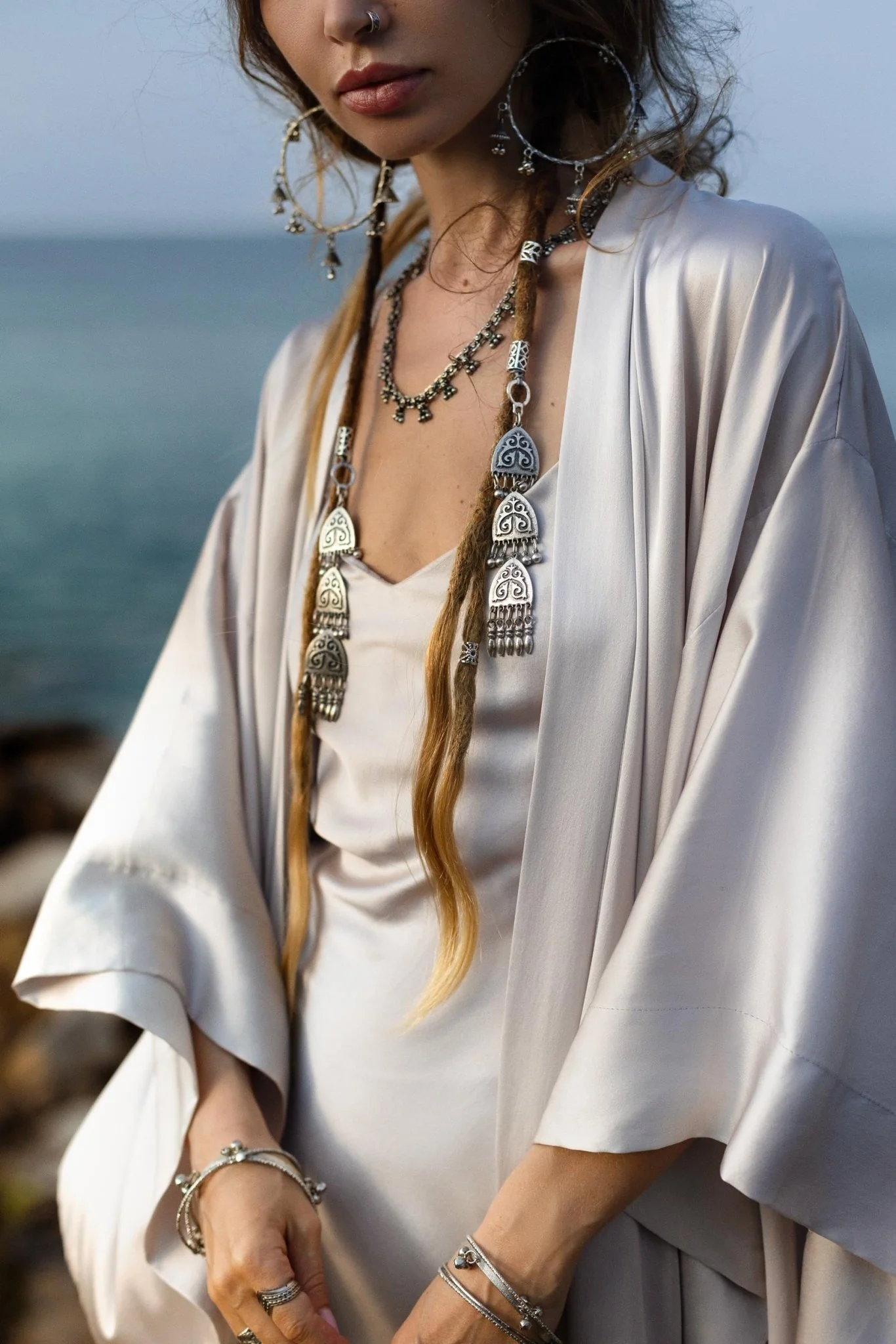 Mist Blue Ahimsa Peace Silk Long Robe Kimono, Floor-Length Maxi Boho Sustainable Fashion, Handmade Bali Ethical Wear - Image 2