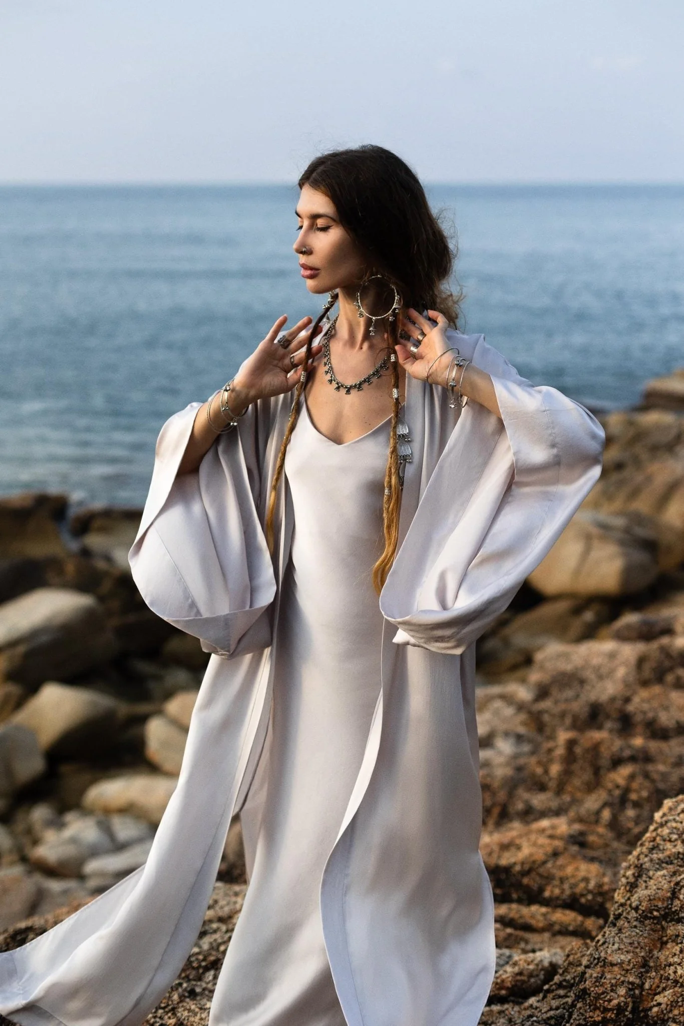 Mist Blue Ahimsa Peace Silk Long Robe Kimono, Floor-Length Maxi Boho Sustainable Fashion, Handmade Bali Ethical Wear - Image 3