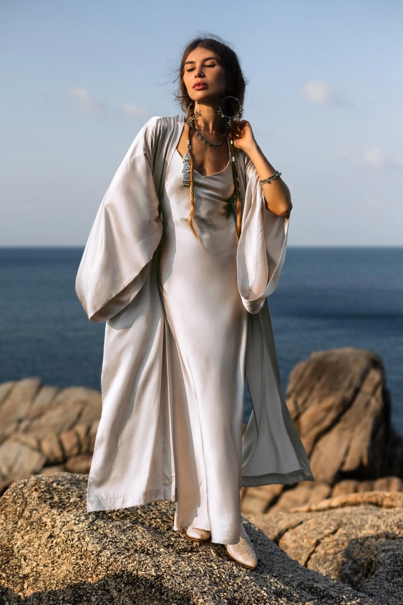 Mist Blue Ahimsa Peace Silk Long Robe Kimono, Floor-Length Maxi Boho Sustainable Fashion, Handmade Bali Ethical Wear - Image 4