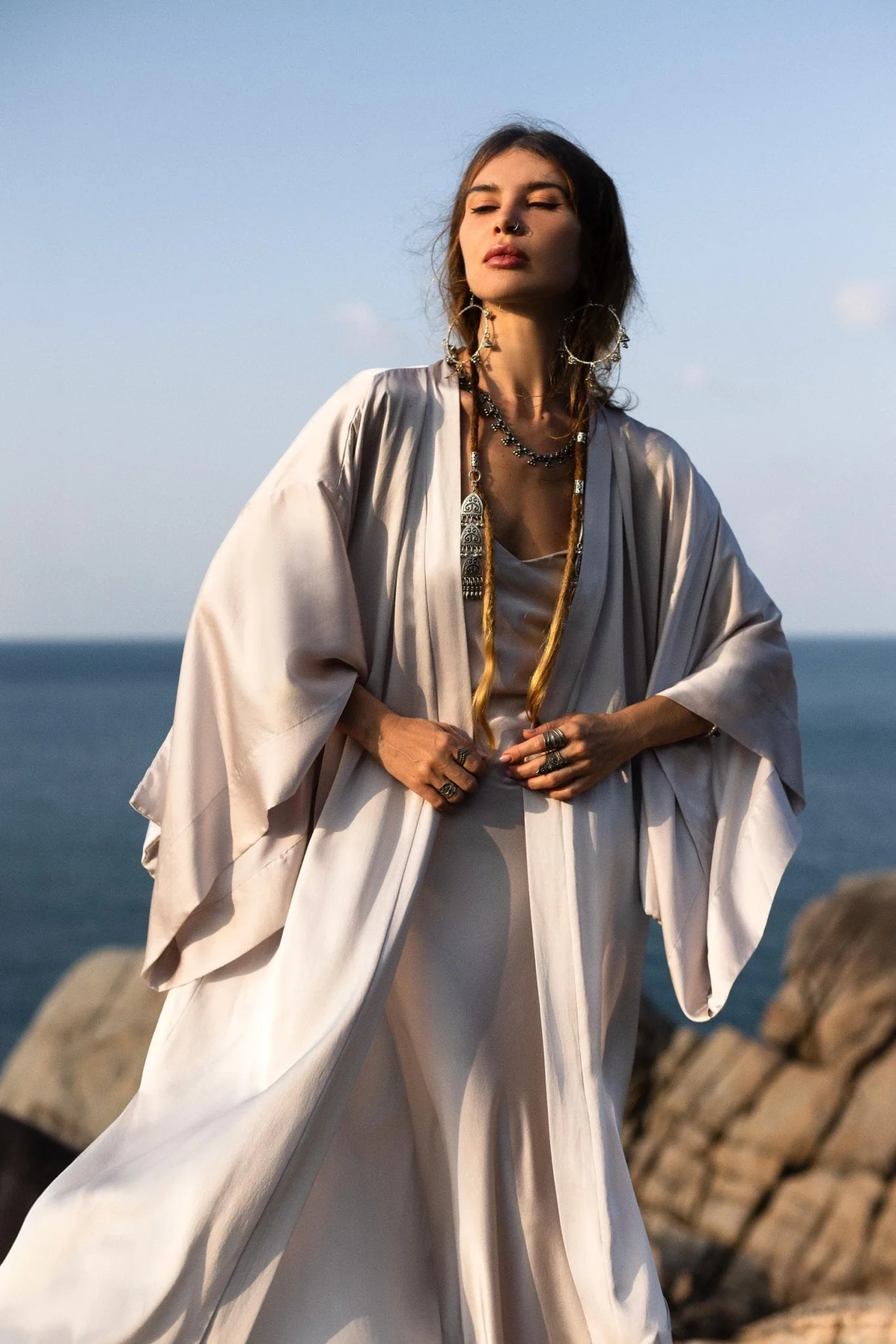 Mist Blue Ahimsa Peace Silk Long Robe Kimono, Floor-Length Maxi Boho Sustainable Fashion, Handmade Bali Ethical Wear - Image 5
