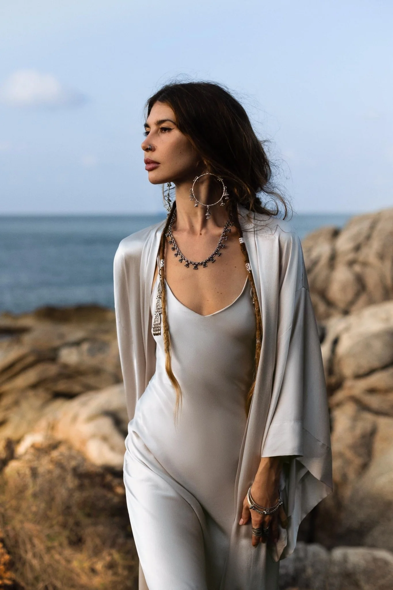 Mist Blue Ahimsa Peace Silk Long Robe Kimono, Floor-Length Maxi Boho Sustainable Fashion, Handmade Bali Ethical Wear - Image 8