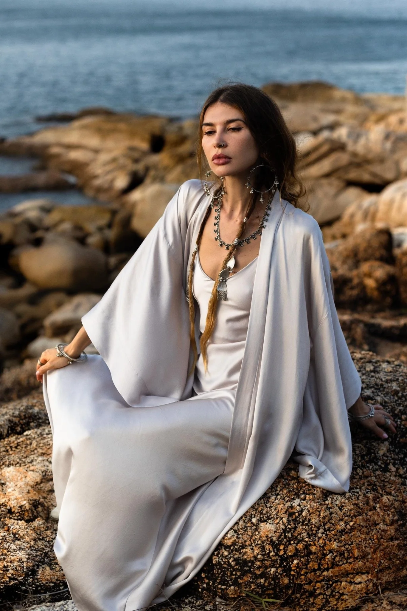 Mist Blue Ahimsa Peace Silk Long Robe Kimono, Floor-Length Maxi Boho Sustainable Fashion, Handmade Bali Ethical Wear - Image 9