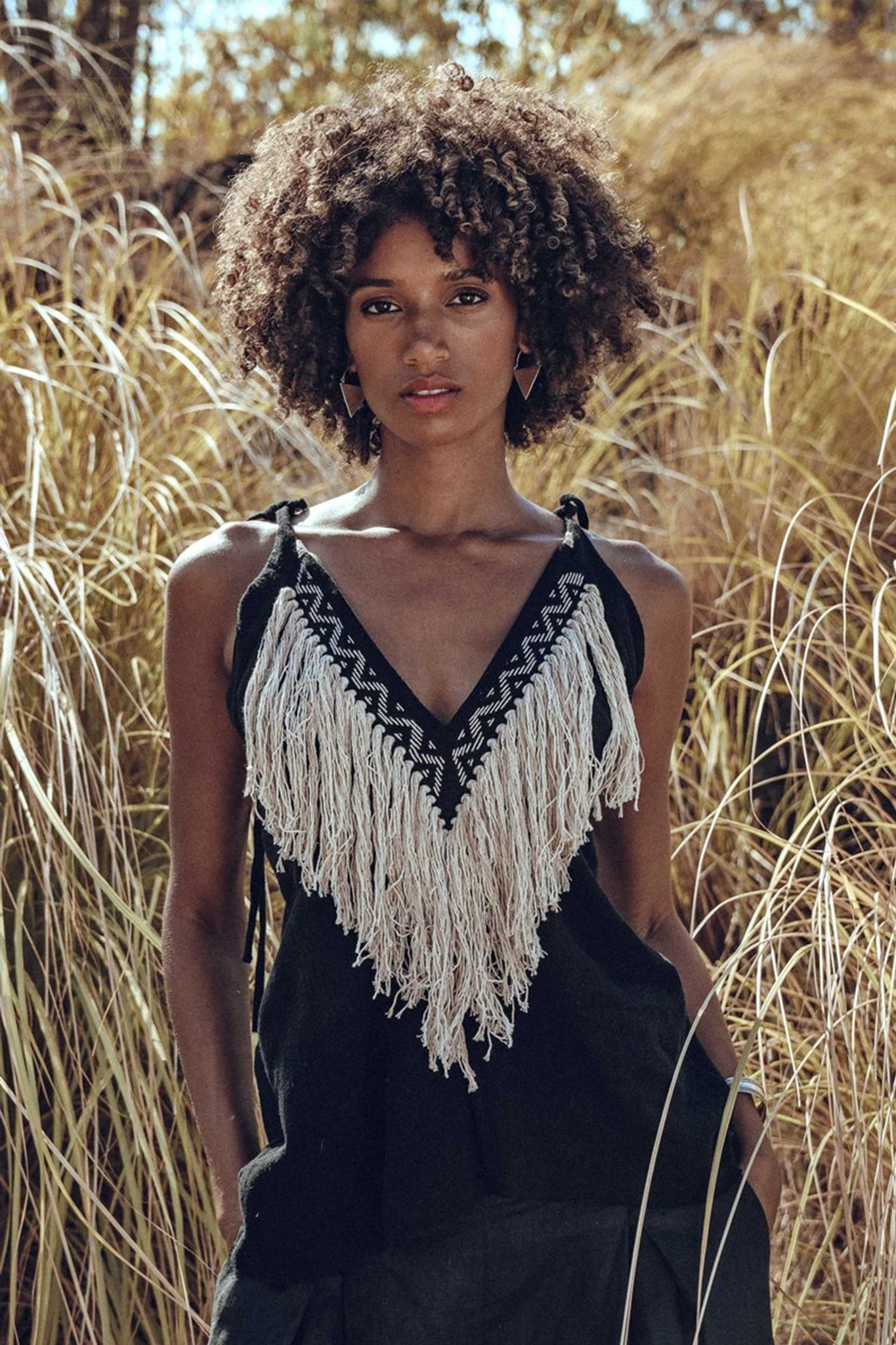 Black Boho Tunic Top with Tassels and Hand Embroidery - Image 2