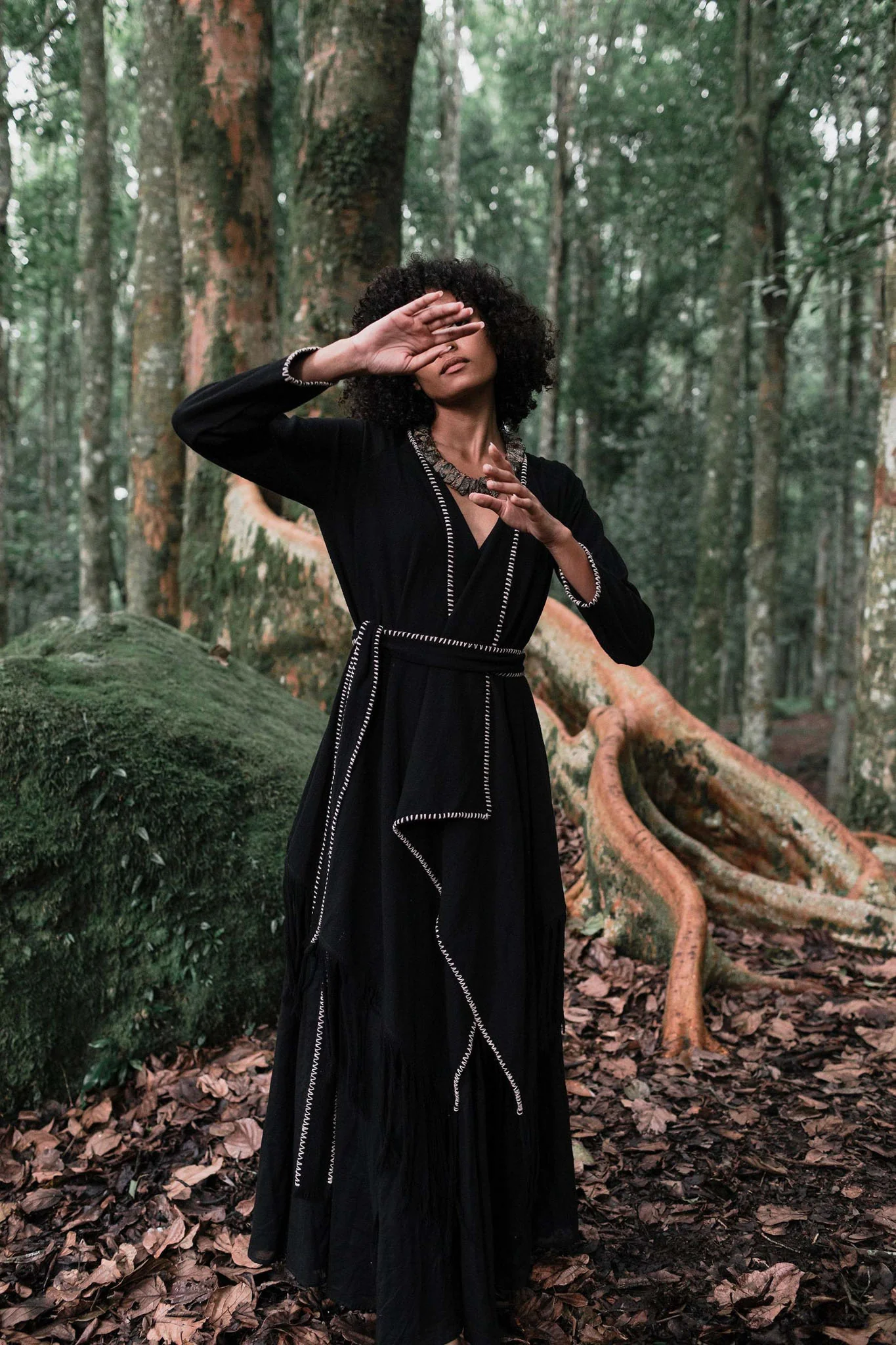 Bohemian Black Cardigan • Black Long Cotton Kimono Robe With Hand Embroidery - Image 2