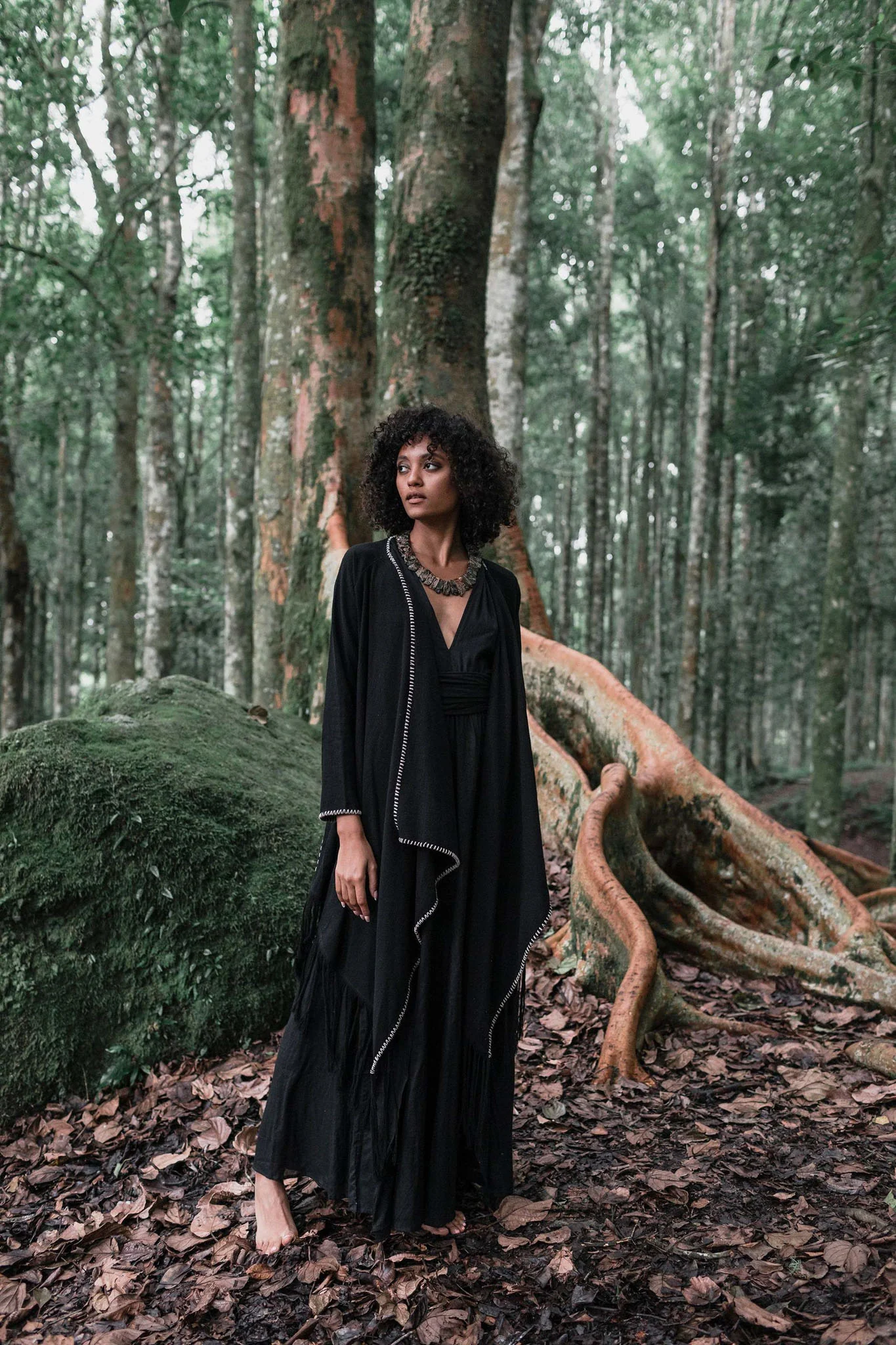Bohemian Black Cardigan • Black Long Cotton Kimono Robe With Hand Embroidery - Image 5