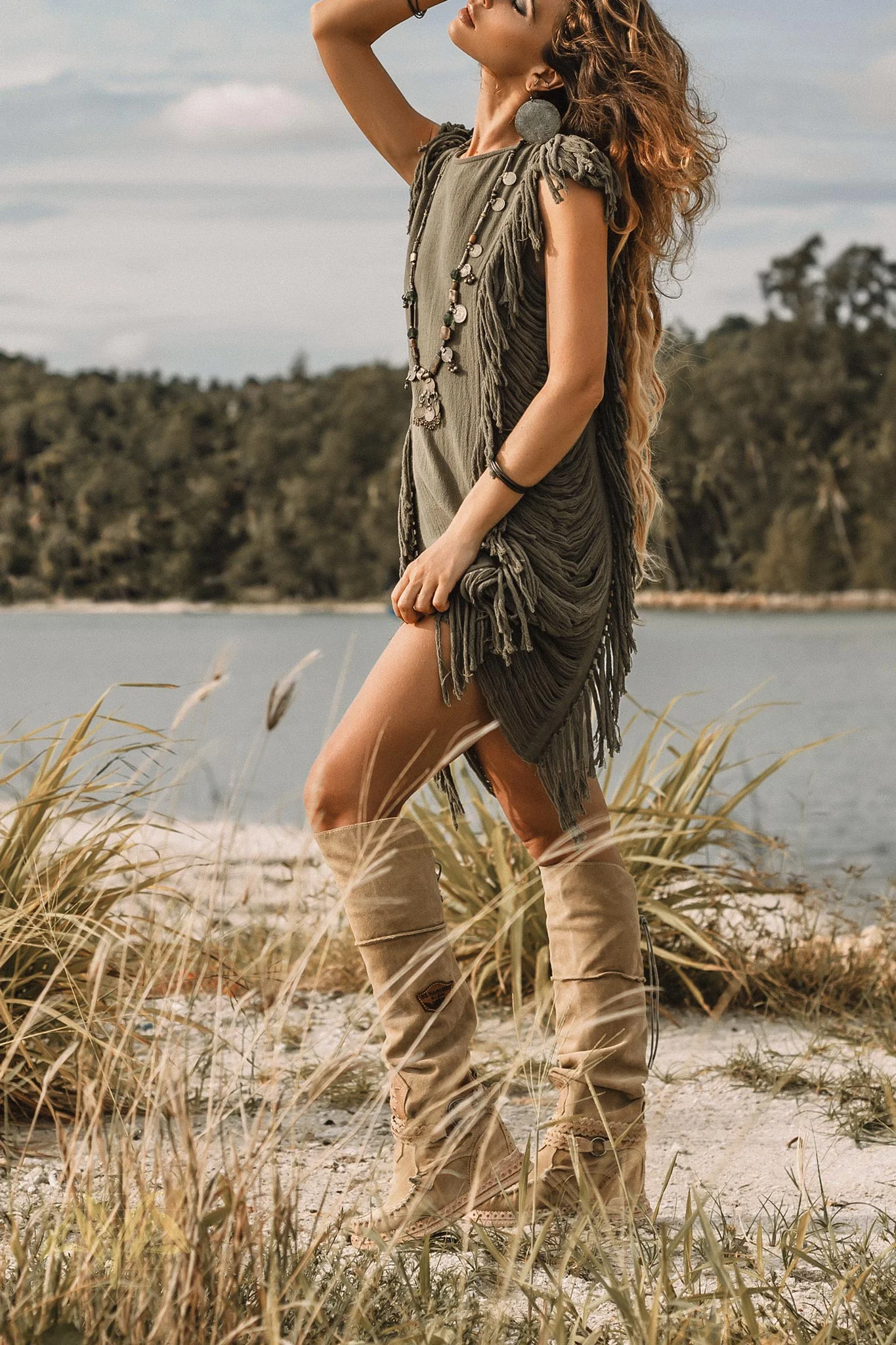 Boho Open Sides Dress • Dark Green Dress • Ladders Sides Mini Dress - Image 2
