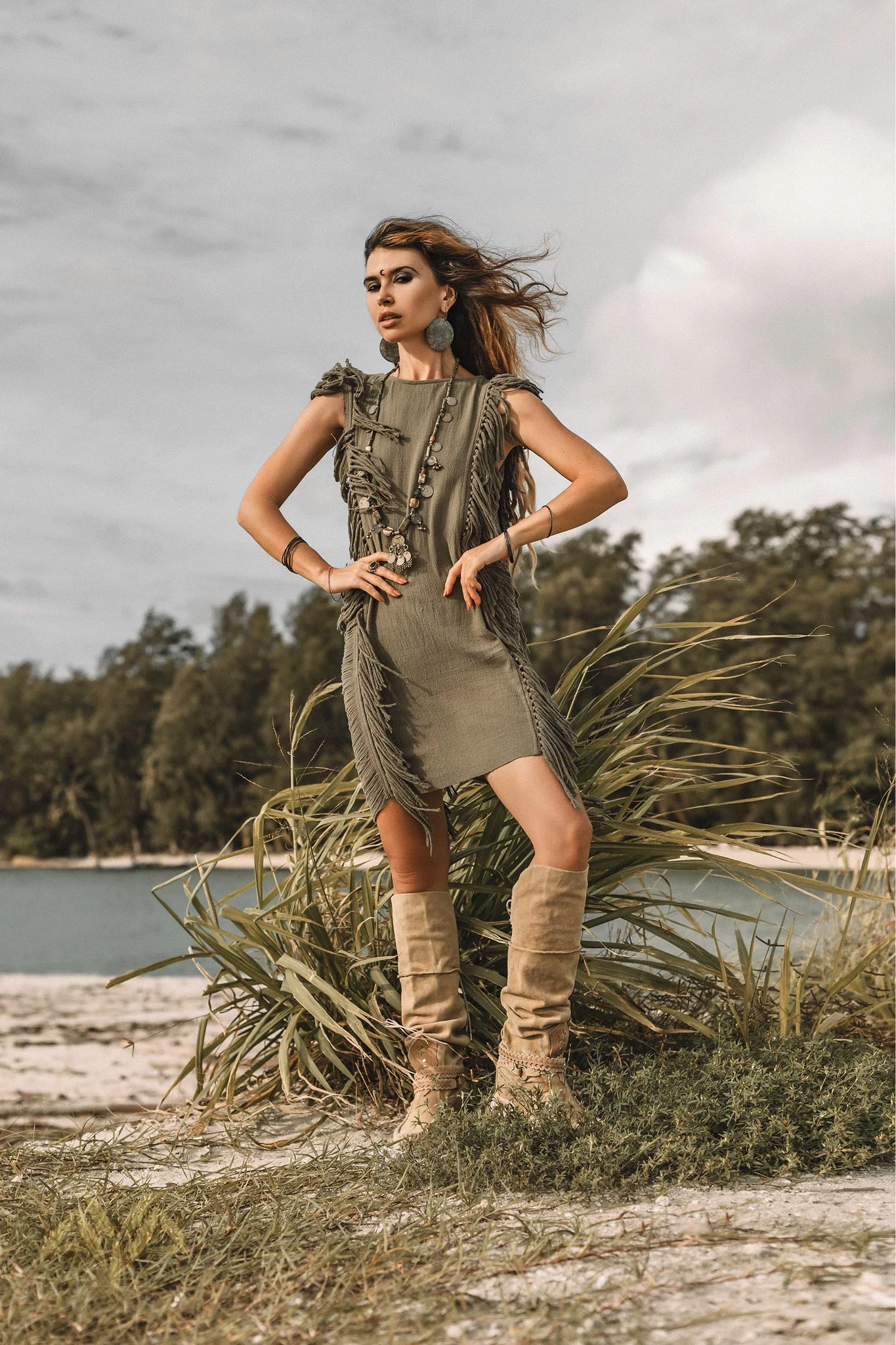 Boho Open Sides Dress • Dark Green Dress • Ladders Sides Mini Dress - Image 3