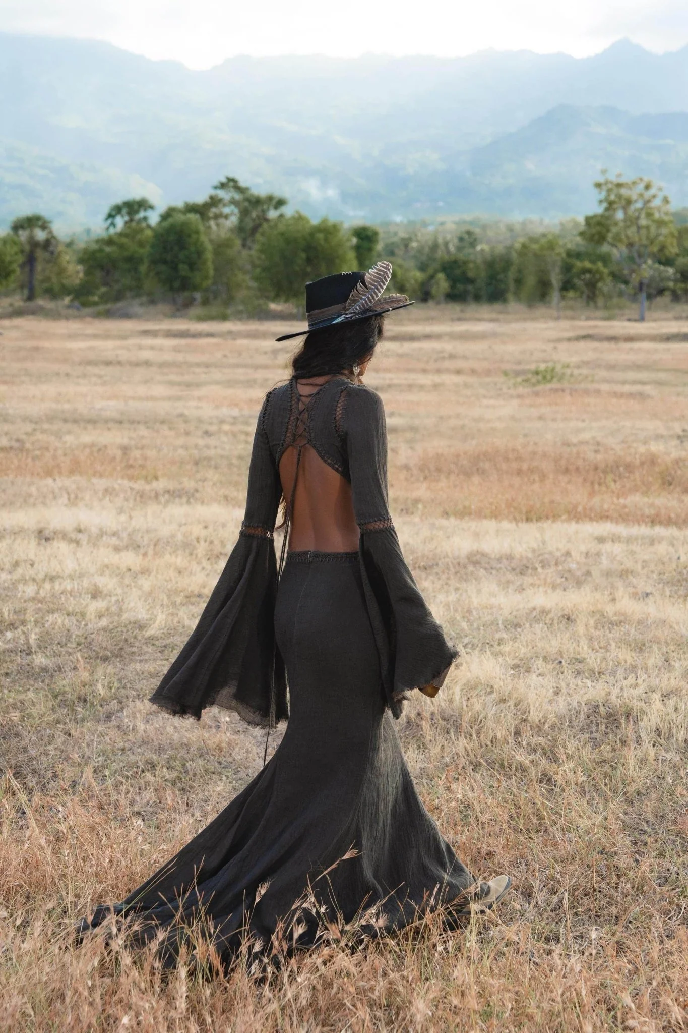 New Mandara Linen Maxi Dress Asphalt Grey , Long Sleeve Backless · Flowing Bohemian Silhouette - Image 4