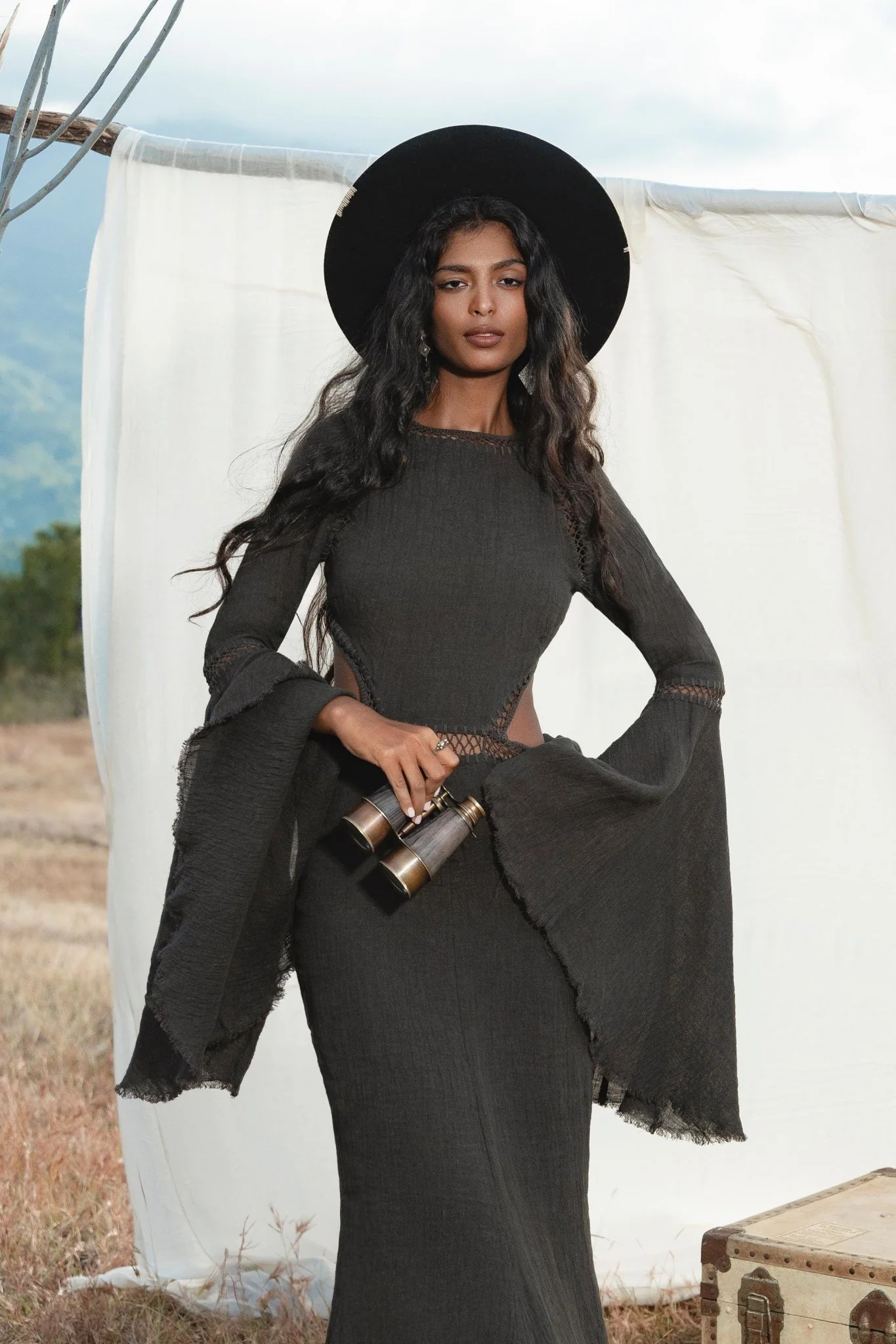 New Mandara Linen Maxi Dress Asphalt Grey , Long Sleeve Backless · Flowing Bohemian Silhouette - Image 5