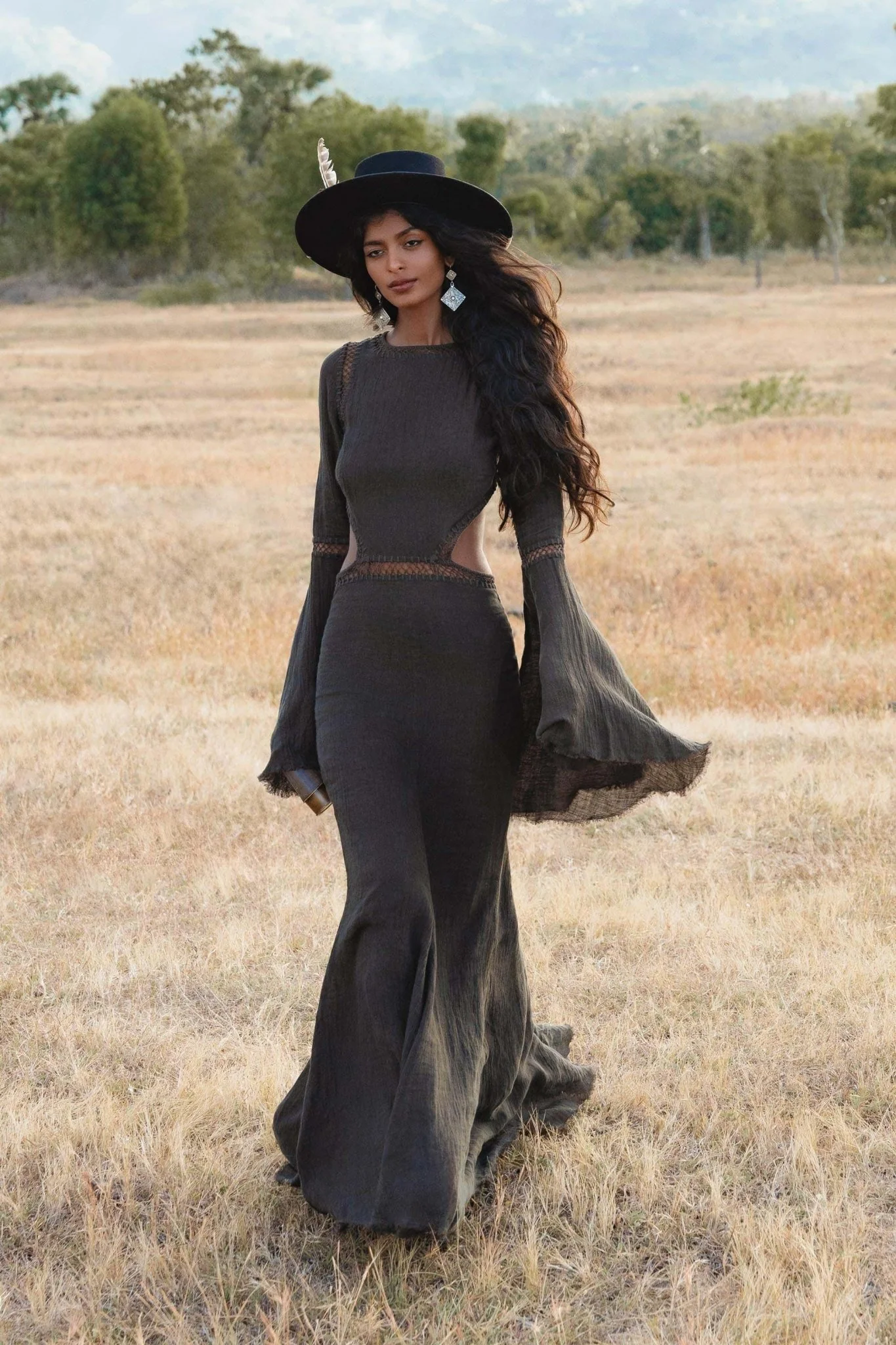 New Mandara Linen Maxi Dress Asphalt Grey , Long Sleeve Backless · Flowing Bohemian Silhouette - Image 7