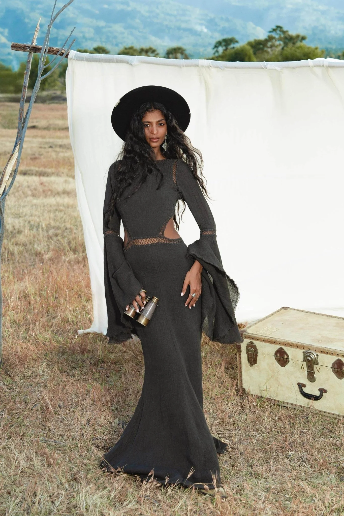 New Mandara Linen Maxi Dress Asphalt Grey , Long Sleeve Backless · Flowing Bohemian Silhouette - Image 8