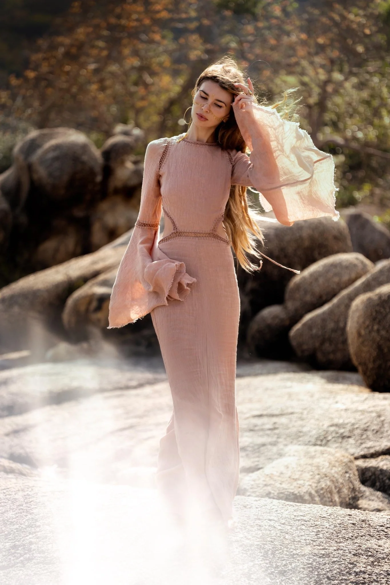 New Mandara Linen Maxi Dress Desert Rose Clay , Long Sleeve Backless · Flowing Bohemian Silhouette - Image 6