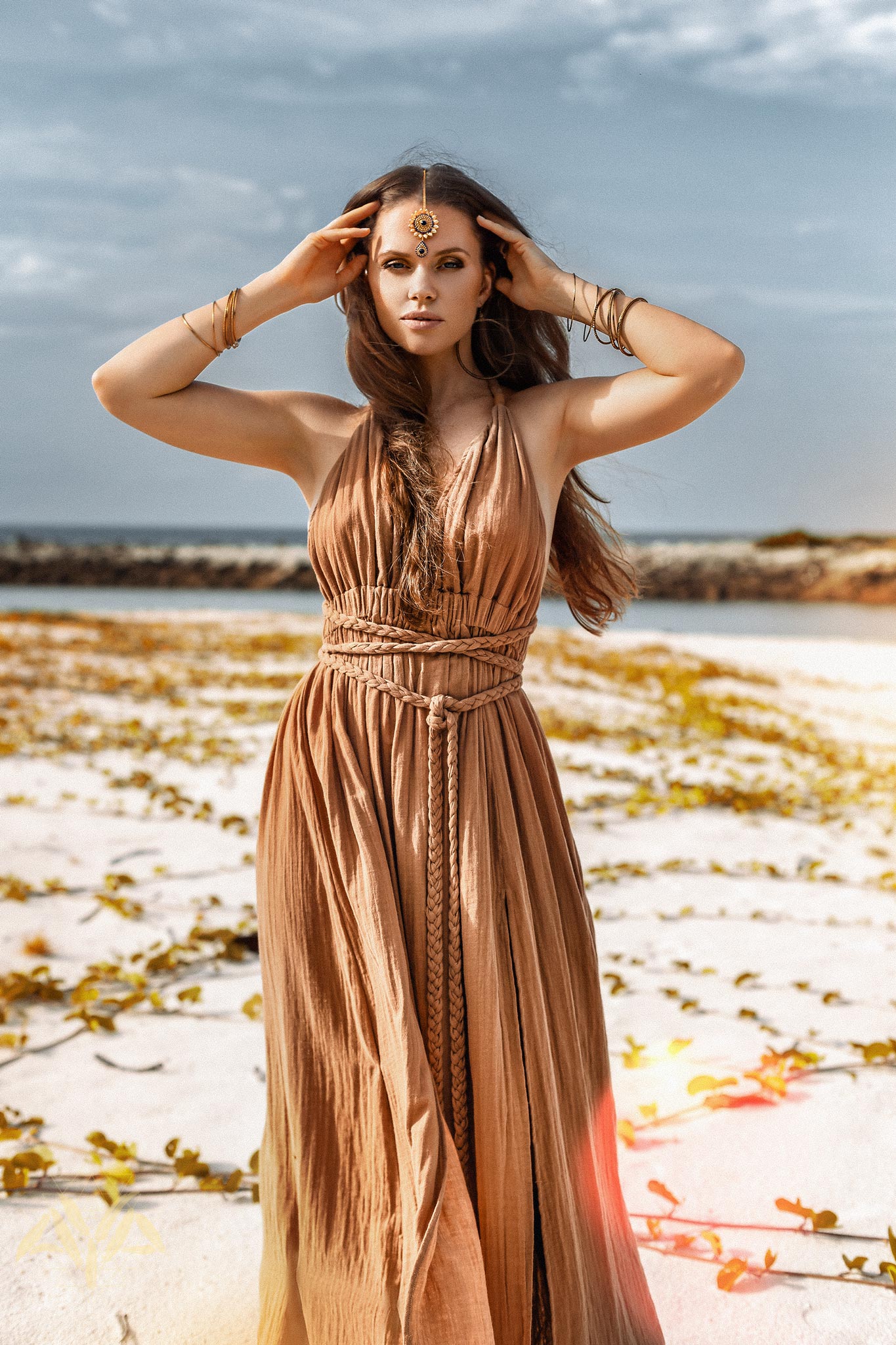 Ochre Greek Goddess Dress - Elegant Women's Clothing