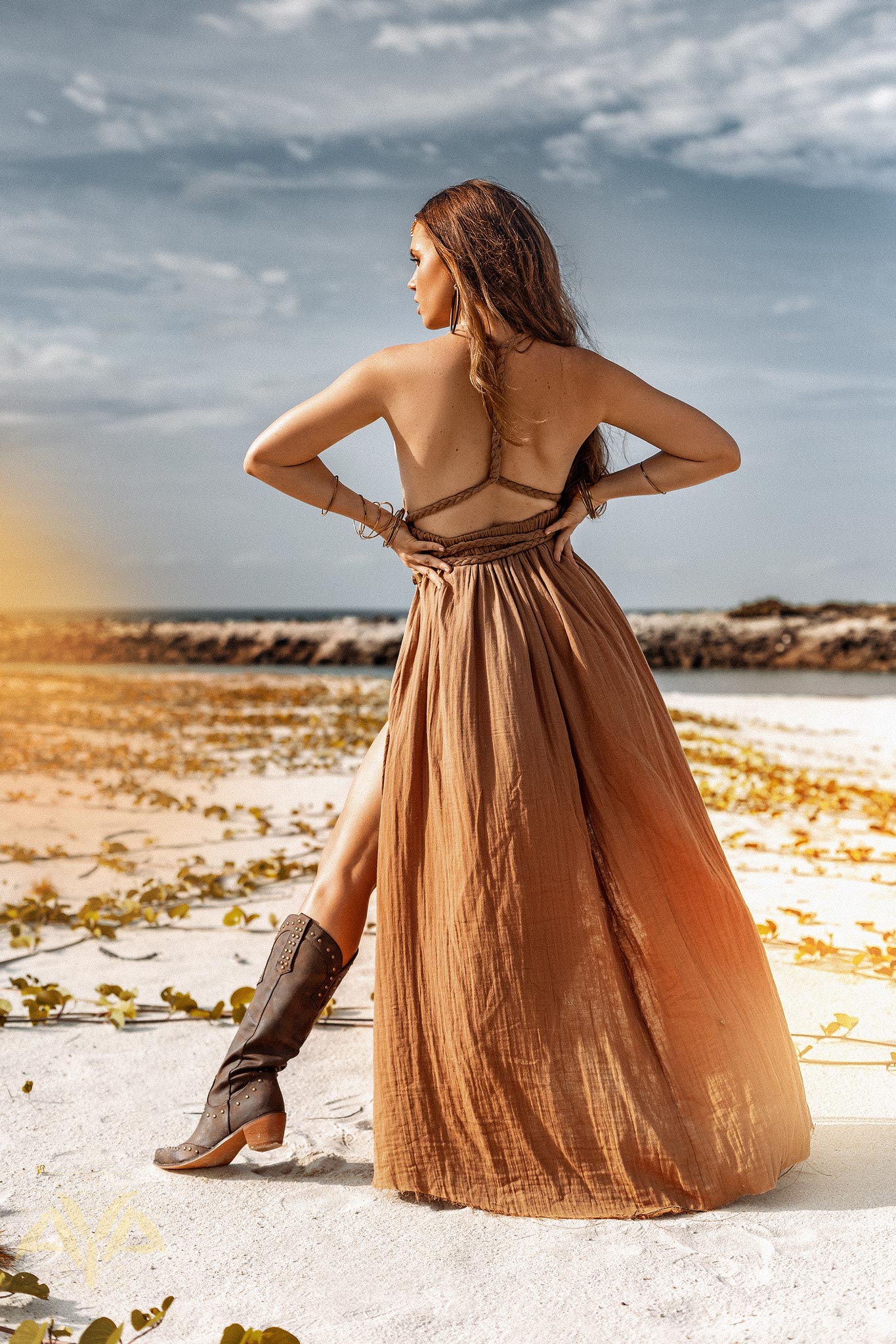 Ochre Greek Goddess Dress - Elegant Women's Clothing - Image 2