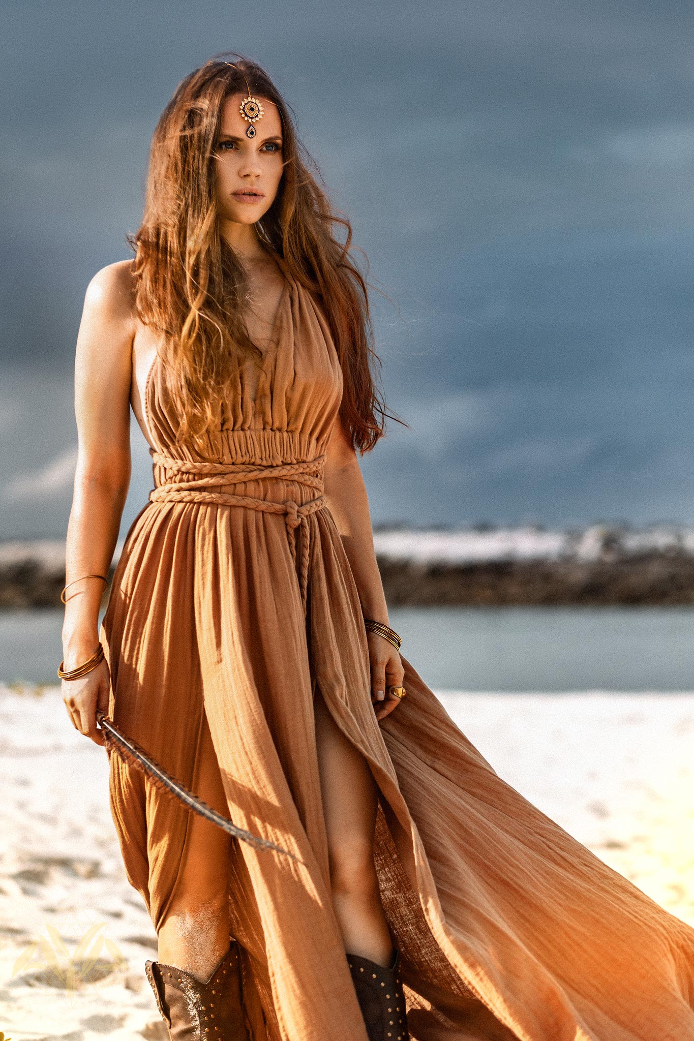 Ochre Greek Goddess Dress - Elegant Women's Clothing - Image 3
