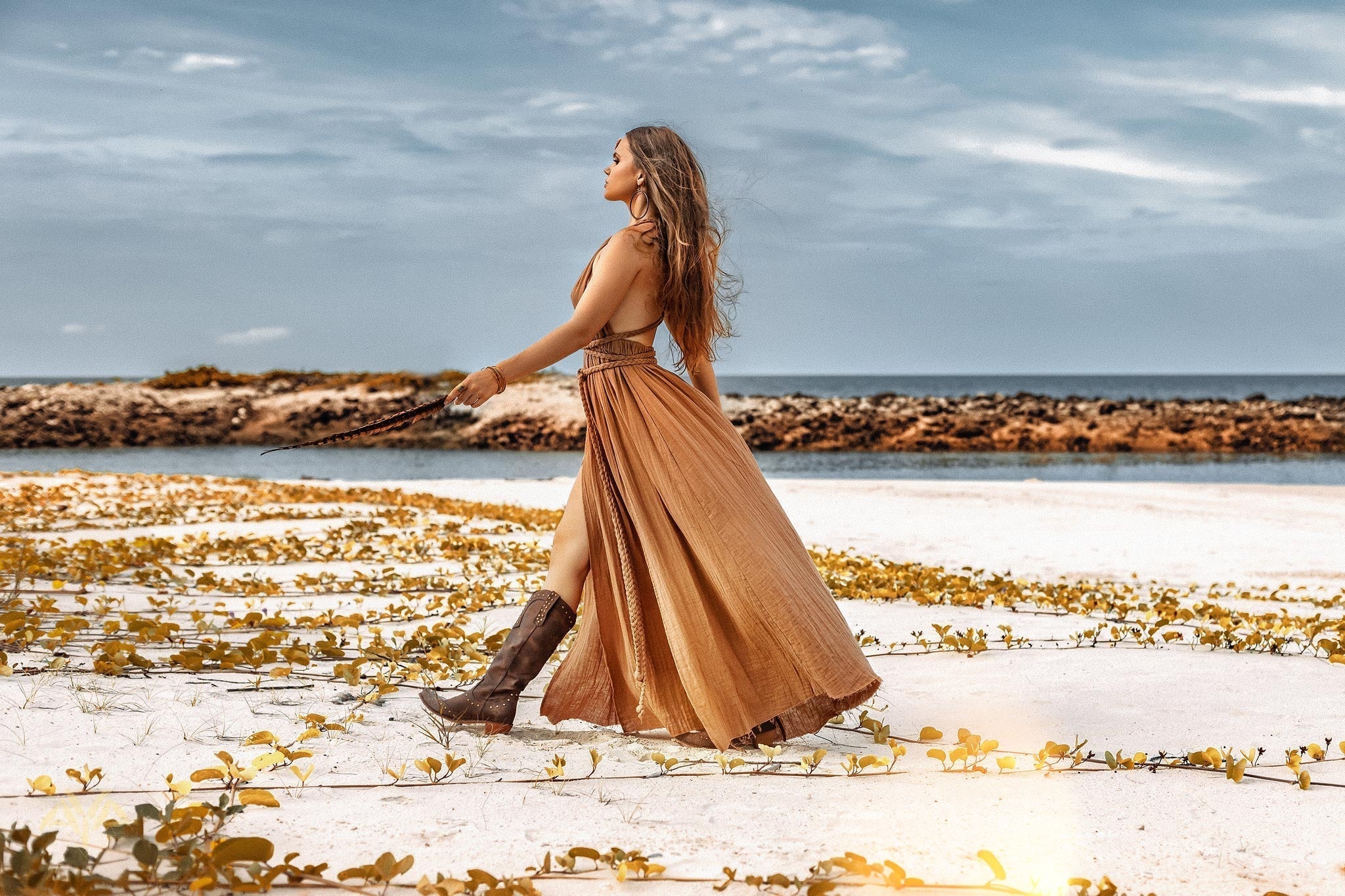 Ochre Greek Goddess Dress - Elegant Women's Clothing - Image 4