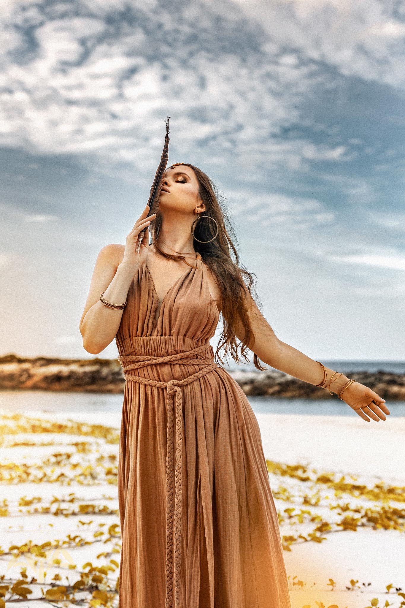 Ochre Greek Goddess Dress - Elegant Women's Clothing - Image 6
