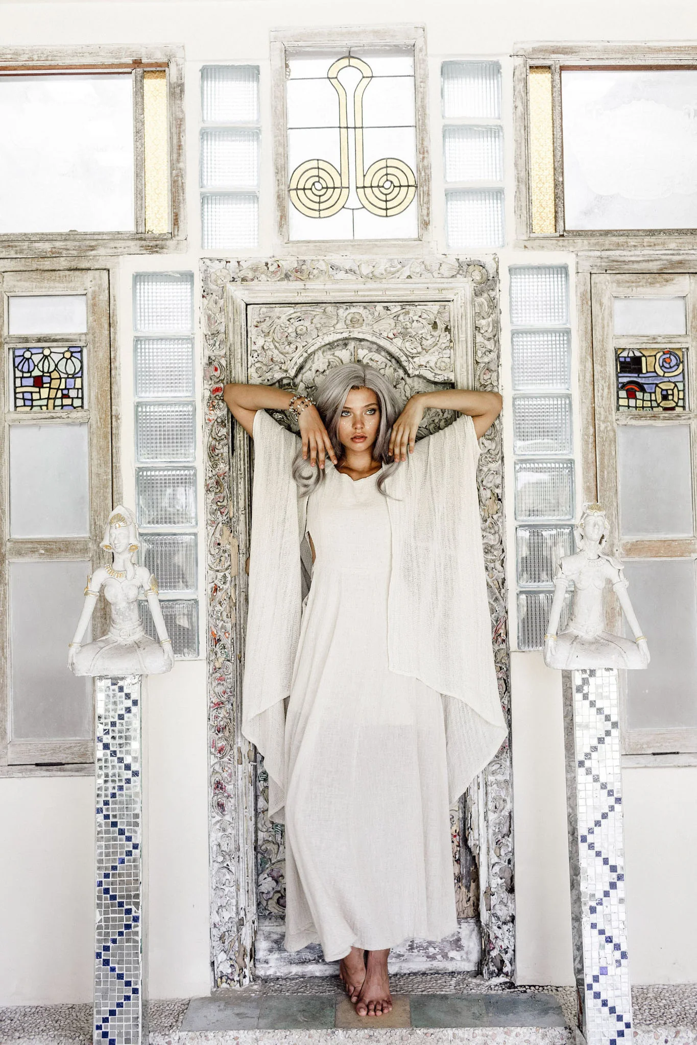 Off-White Cotton Boho Kimono Cover-up • Bridal Cape • Poncho Robe - Image 9
