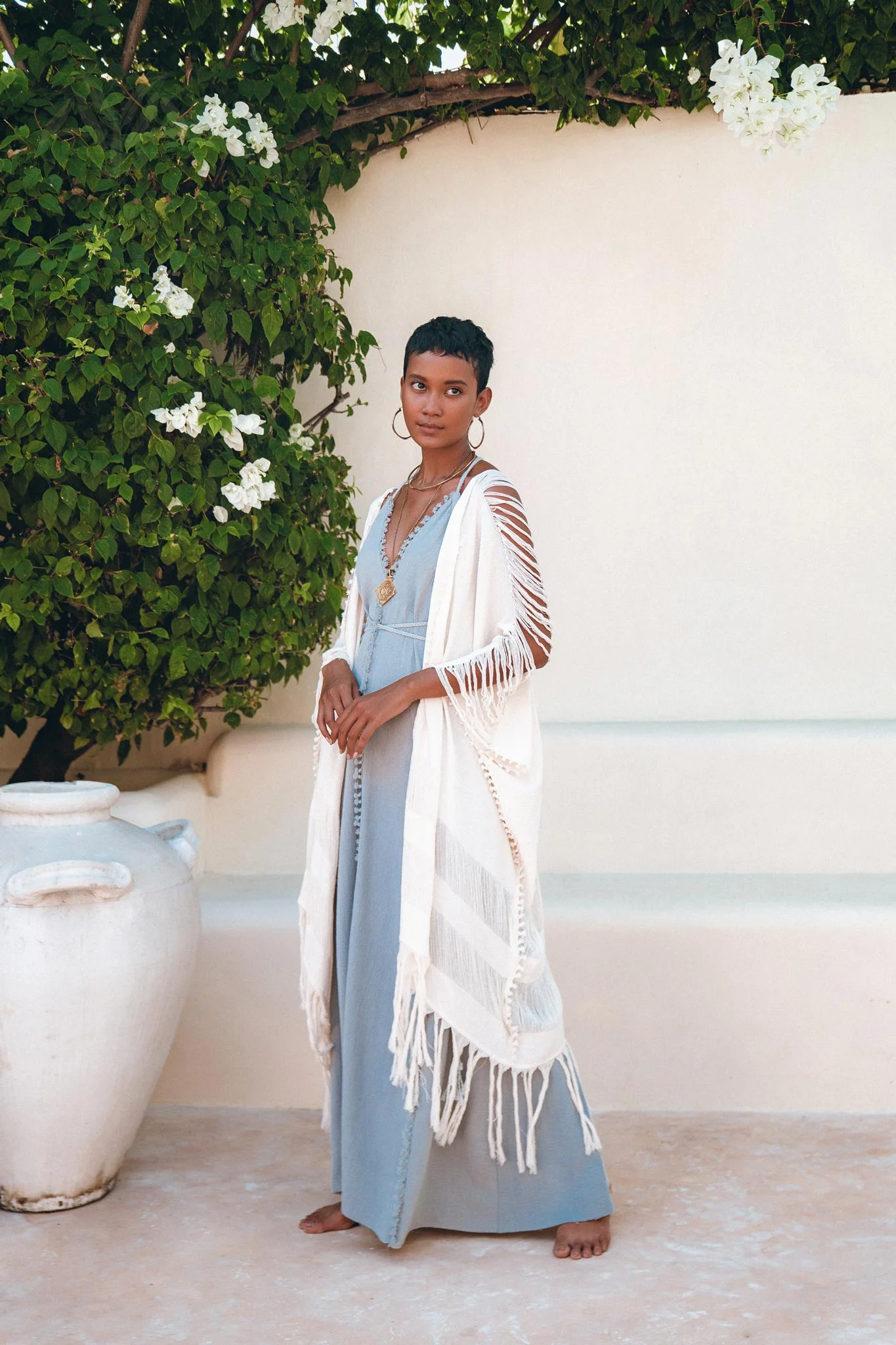 Off-White Cotton Poncho Cape • Organic Tribal Kimono Cover Up - Image 3