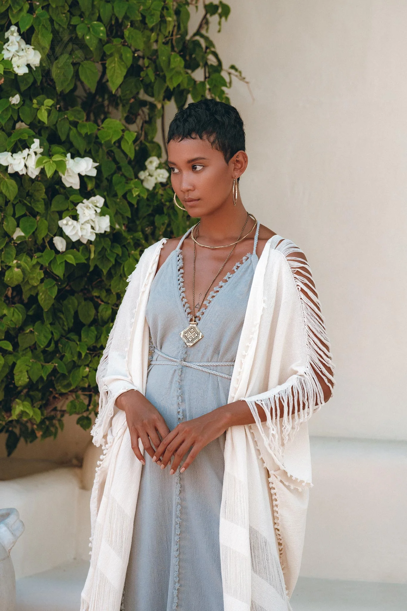 Off-White Cotton Poncho Cape • Organic Tribal Kimono Cover Up - Image 5