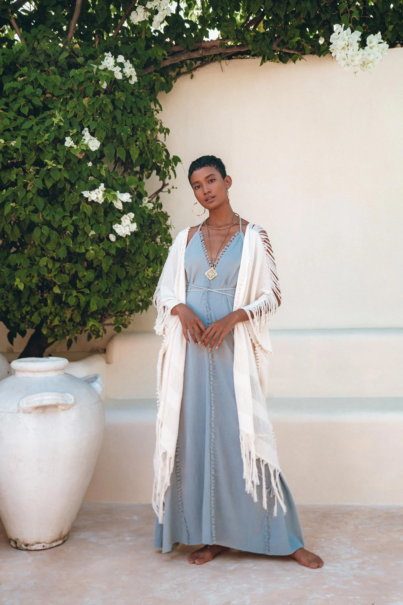 Off-White Cotton Poncho Cape • Organic Tribal Kimono Cover Up - Image 8