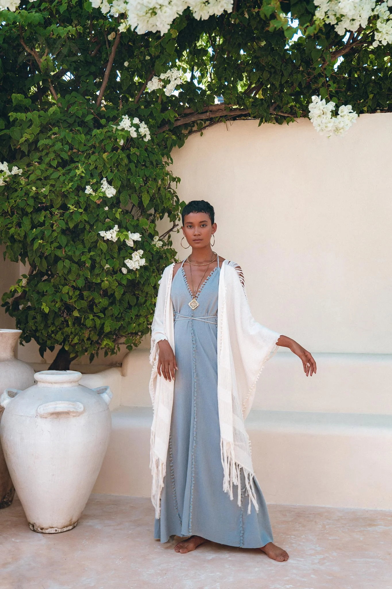 Off-White Cotton Poncho Cape • Organic Tribal Kimono Cover Up - Image 9
