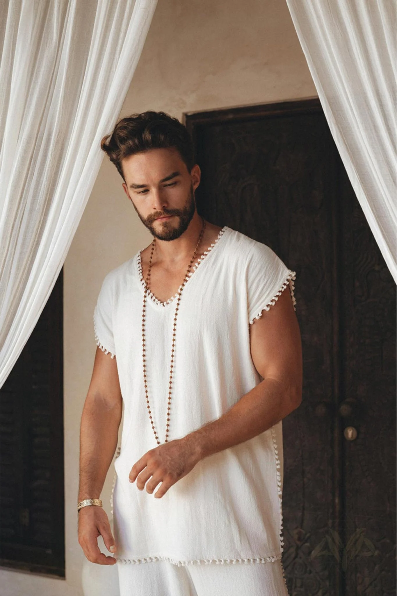 Off-White Handmade Knots Decorated T-Shirt for Men - Image 10